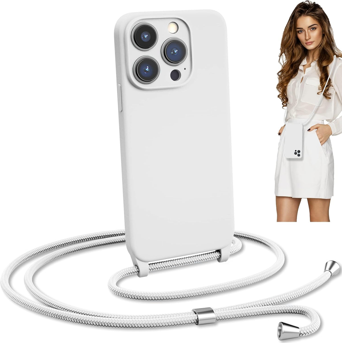 Blaspins Crossbody Lanyard Strap Case for iPhone 13 Mini, Neck Cross Body, Adjustable Holder Removable, Drop Protection Shockproof, Hands-Free Silicone Case 5.4 inch, 150 cm Strap, iP13mini - White