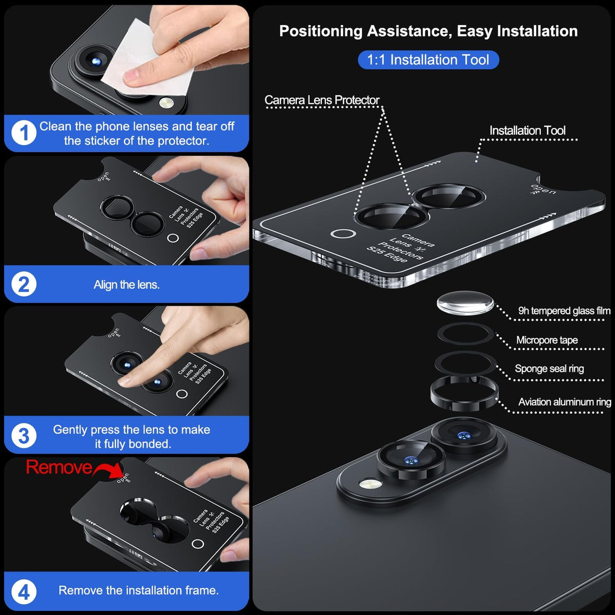 WSKEN for Samsung Galaxy S25 Edge Camera Lens Protector - Edge Thin Case Friendly, 9H Shatterproof Tempered Glass with Aluminum Metal Circle Camera Screen Protector Cover Accessories, Black