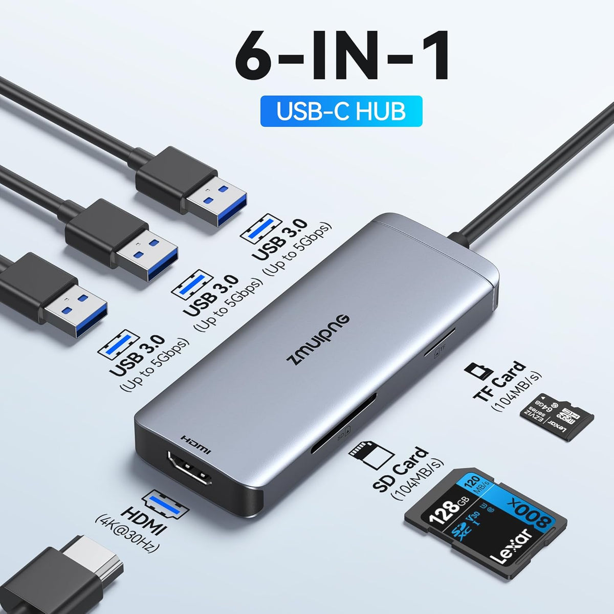 USB C Hub Adapter for MacBook Air, USB-C HD MI Dongle for MacBook Pro, 6 in 1 USBC HDMI Multiport Adapter Mac Converter with 4K HDMI, 3 USB 3.0,SD/TF for Dell XPS, HP, Surface and Other Type C Devices