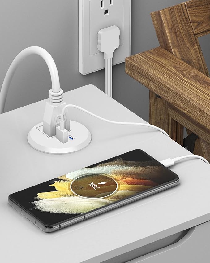 2 inch Desk Power Grommet with PD 20W USB C,Ultra-Flat Plug Power Strip,Recessed Outlet,Desktop Power Grommet for Office PC Desk Cable Cord Cover,Table Outlets for Home, Office,6 ft Cable(White)