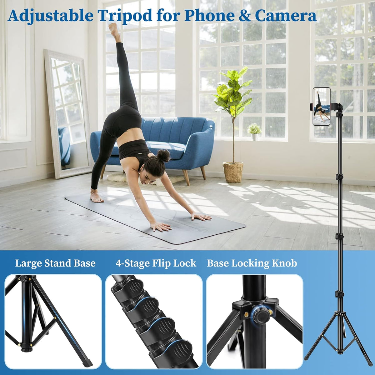 Phone Tripod, 70" Selfie Stick Tripod Stand Cell Phone Tripods with Remote Phone Holder Carry Bag, Aluminum Alloy Selfie Stick Tripods, Compatible with iPhone Samsung GoPro Smartphone