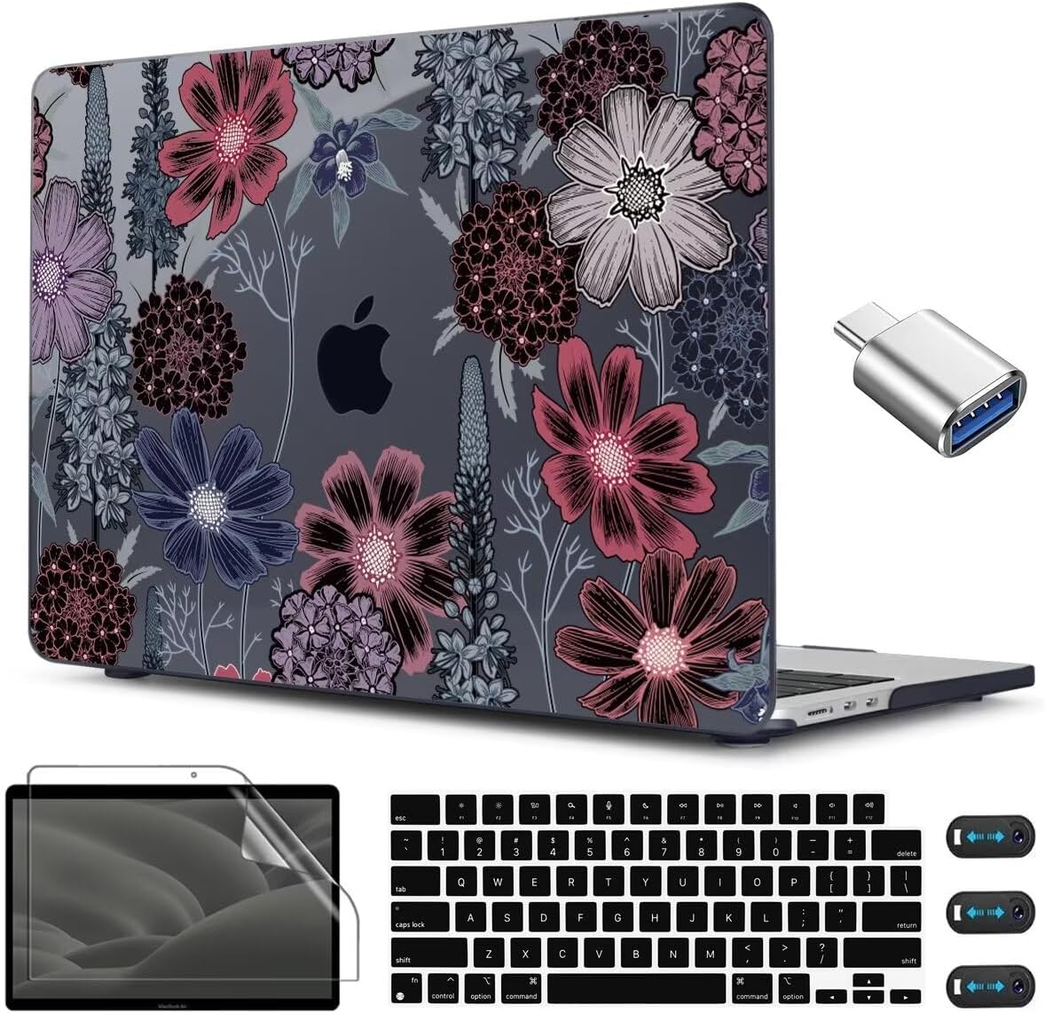CISSOOK Compatible with MacBook Air 13.6 inch Case 2022 2023 2024 2025 Model A2681 A3113 A3240, Plastic Hard Case with Keyboard Cover Screen Protector Type C Adapter, Texture Flowers