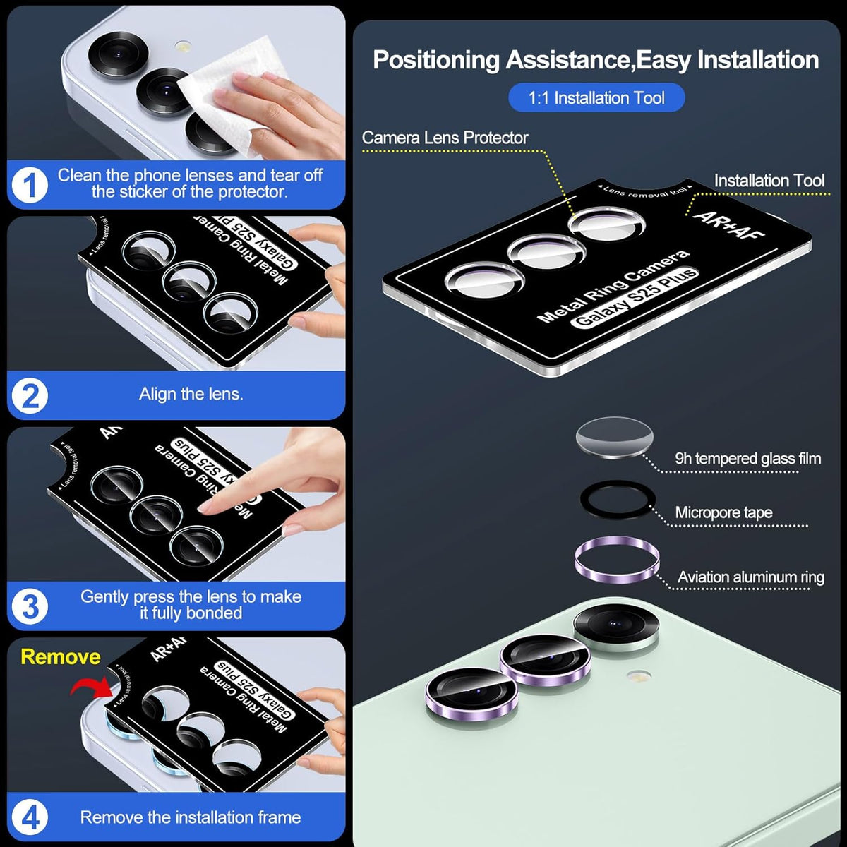 for Samsung Galaxy S25 Plus Camera Lens Protector, Individual Metal Ring Tempered Glass Lens Cover, [Strong Adsorption] Scratch Resistant Ultra-Thin HD Clear Lens Cover, 1 Set-Purple Ring