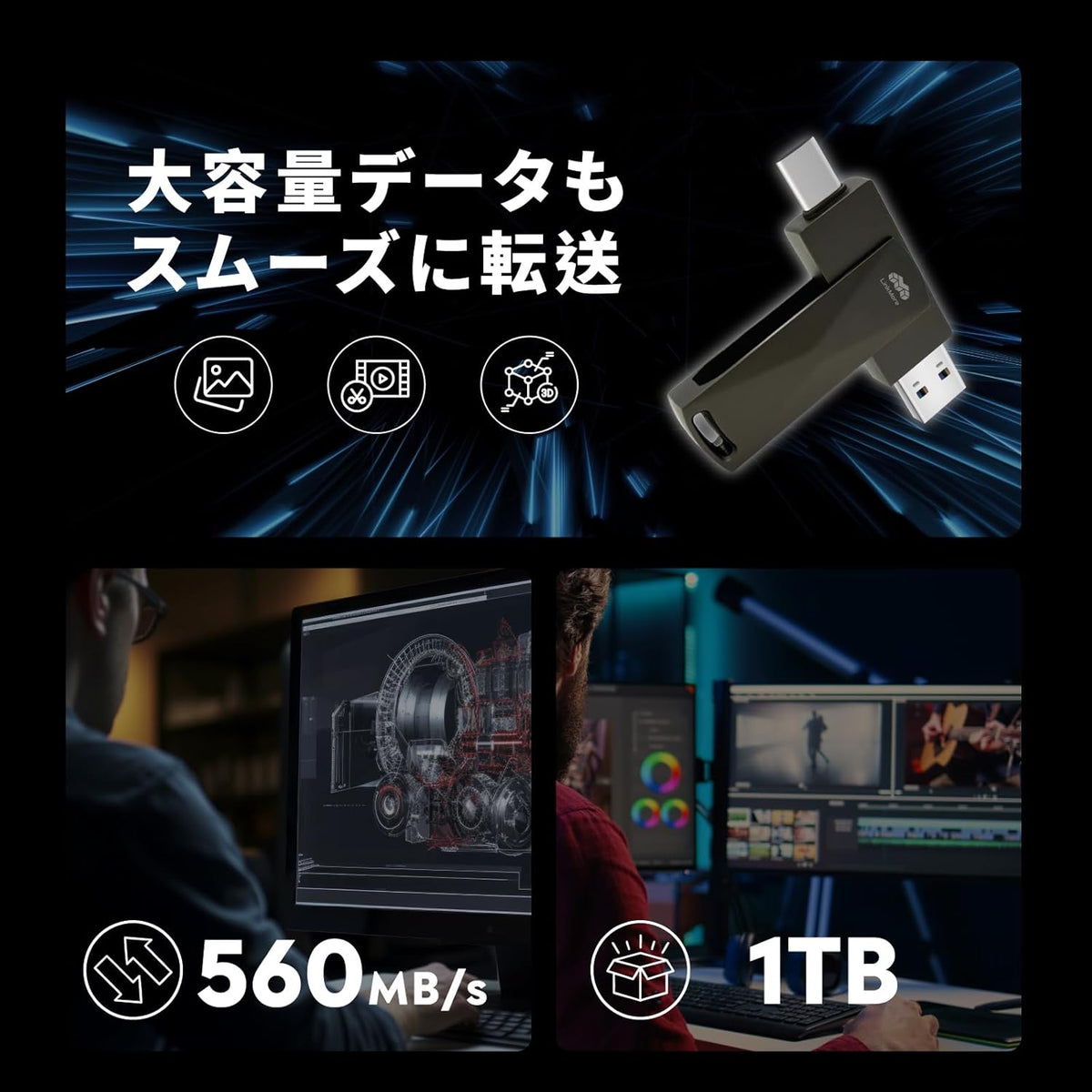LinkMore NR P50 1TB External SSD – Type-C & USB-A Portable Drive, USB 3.2 5Gbps, 560MB/s Read, 500MB/s Write, 110MB/s Sustained Write – Works with iPhone 15, PS5, Steam Deck, Android, Mac, Windows