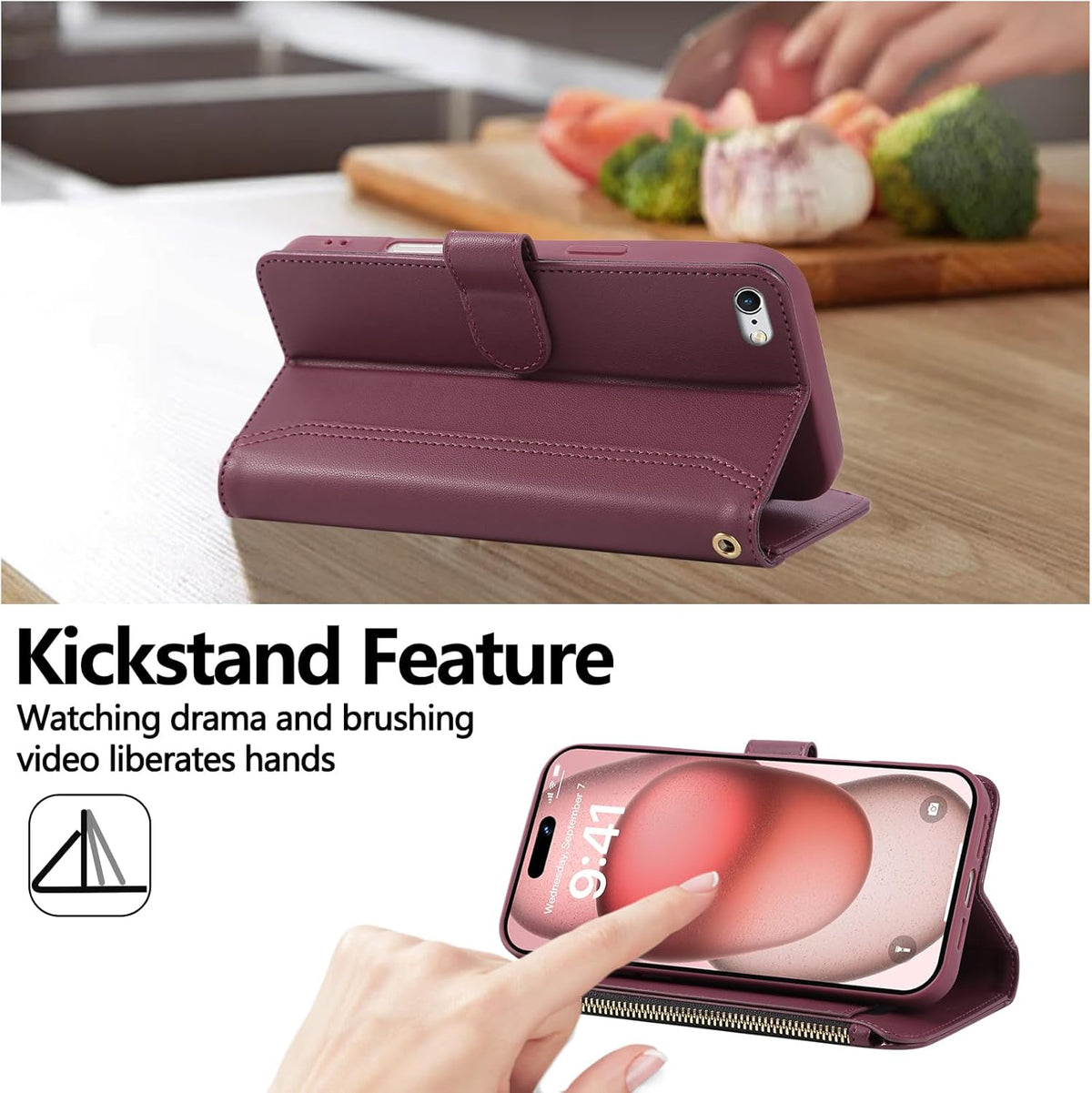 Compatible with iPhone 7/8/SE 2020/SE 2022 Wallet Case PU Leather Shockproof Protective Cover with Credit Card Slots, Zipper Pocket Detachable Wrist Strap,Unisex Design for Men/Women-Claret