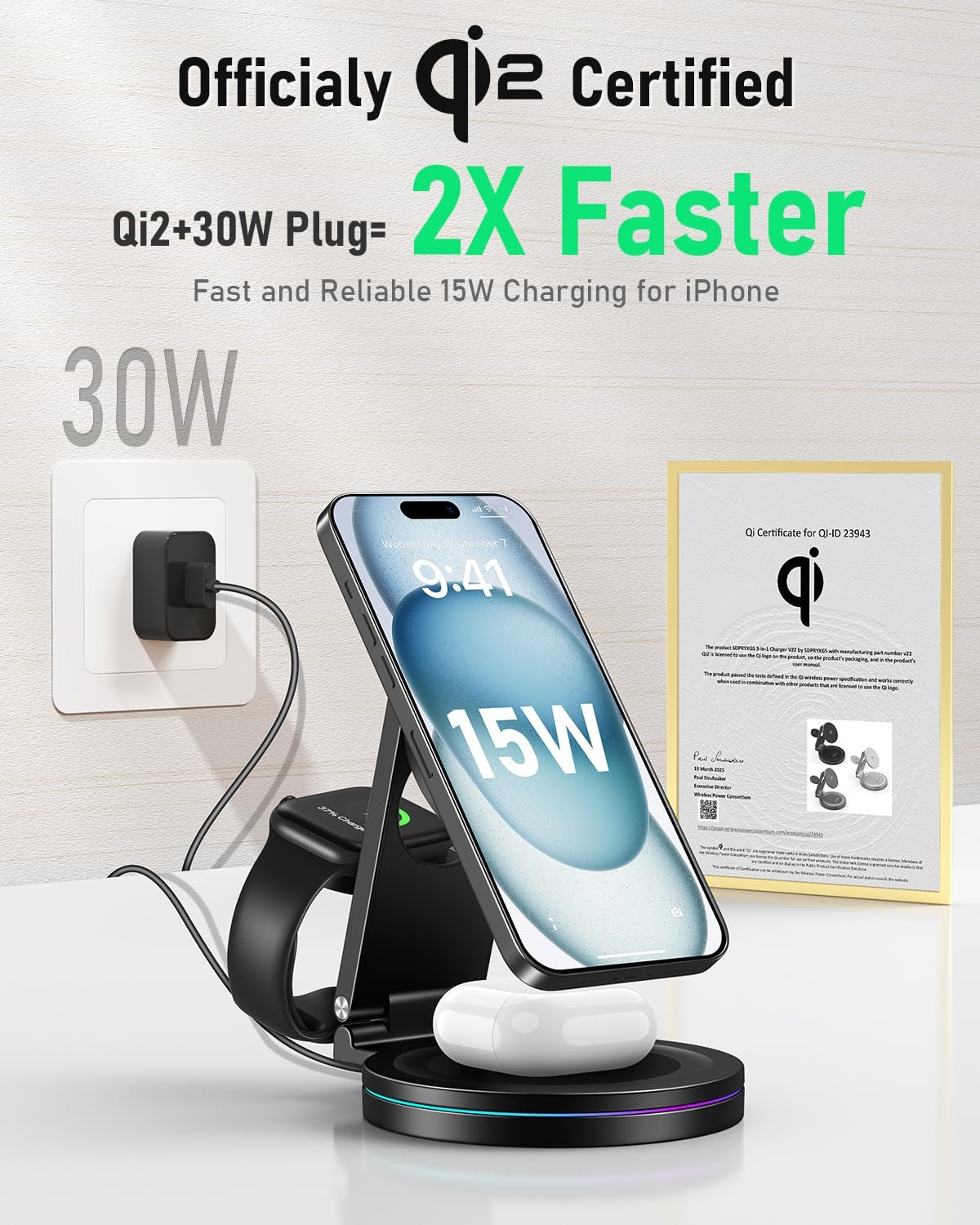 2025 Upgraded Qi2 Foldable 360º Rotatable Zinc Alloy 3 in 1 Magnetic Wireless Charging Station,3-in-1 Qi2 Charger for Apple iPhone 12~16,iWatch,AirPods(30W Adapter & Case Included)(Grey)