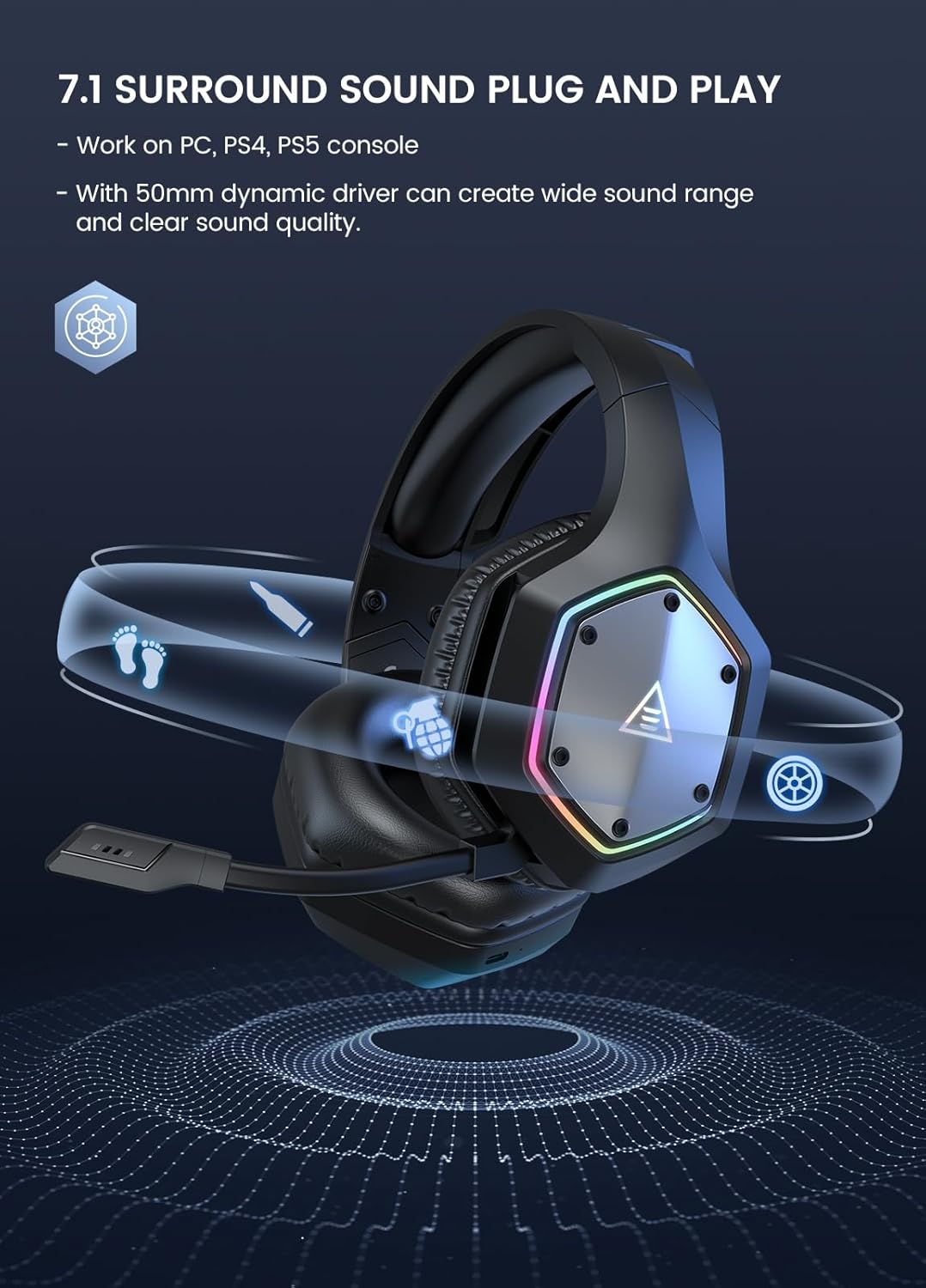 EKSA Wireless Gaming Headset, 2.4GHz USB Gaming Headphones with Microphone for PC, PS5, PS4, Nintendo Switch, 7.1 Surround Sound PC Headset, RGB Light, Ergonomic Design, 3.5mm Wired for Xbox Serie