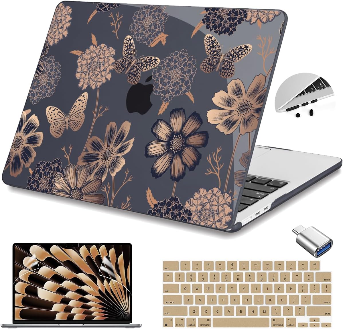 Teryeefi Compatible with M3 MacBook Air 15 inch Model A2941 [2023 2024], Designed Hard Shell Case & Keyboard Cover & Screen Protector,Flowers & Butterfly