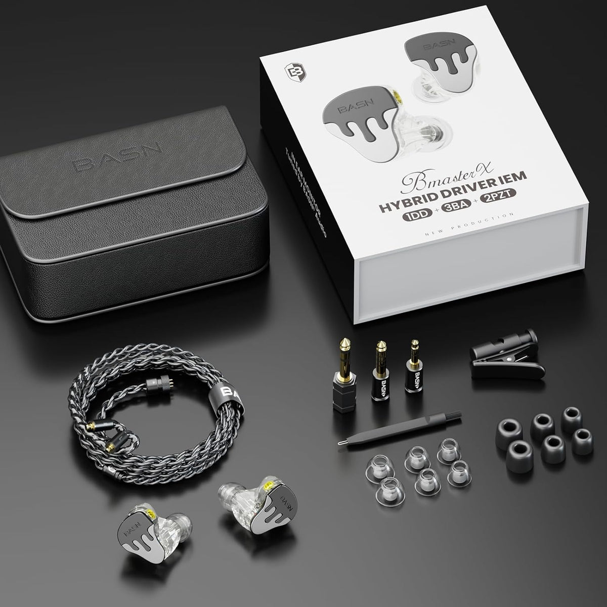 BASN BmasterX in Ear Audio Monitor, Hybrid 6 Drivers IEM Earphones with Crystal Clear Sound, Detachable Cable Plus Carrying Case & Fit Kit for Musician, Stage, Studio (3.5mm/4.4mm Jack, Black/Silver)