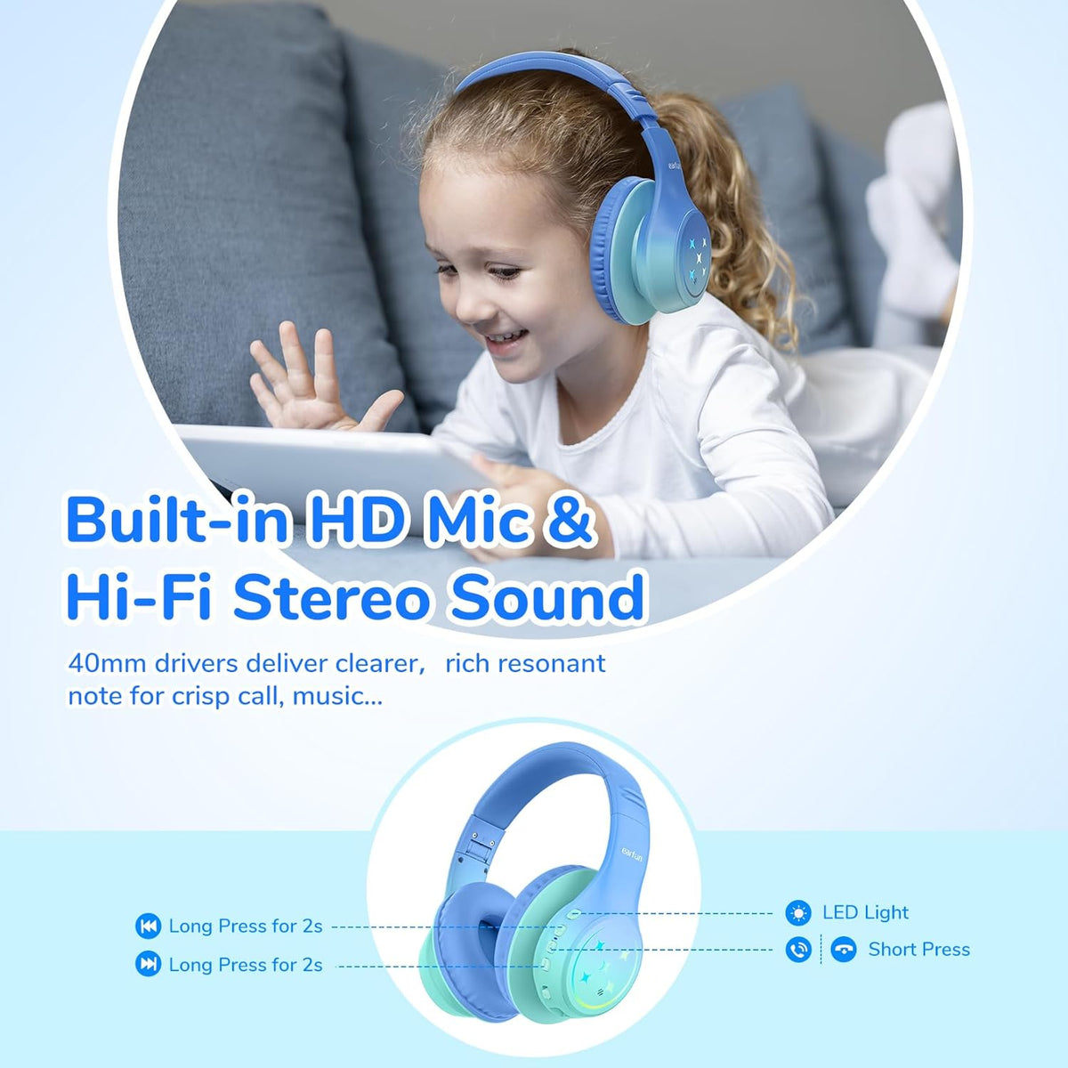 EarFun K4 Kids Bluetooth Headphones, Wireless Headphones with LED Lights, 74/85/94dBA Volume Limited, Built-in Mic, 90H Playtime, Bluetooth 5.4 Over Ear Headphone for iPad/Tablet/PC/School (Green)