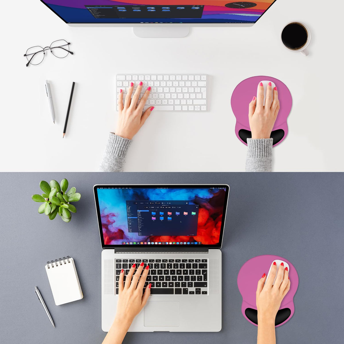 ITNRSIIET Ergonomic Mouse Pad with Comfort Gel Wrist Rest, Non-Slip PU Base, Smooth Textured Surface, Reduces Hand Fatigue & Wrist Pain, 8.7 x 7.2 Inch for Office Gaming Home, Black-Pink Contrast