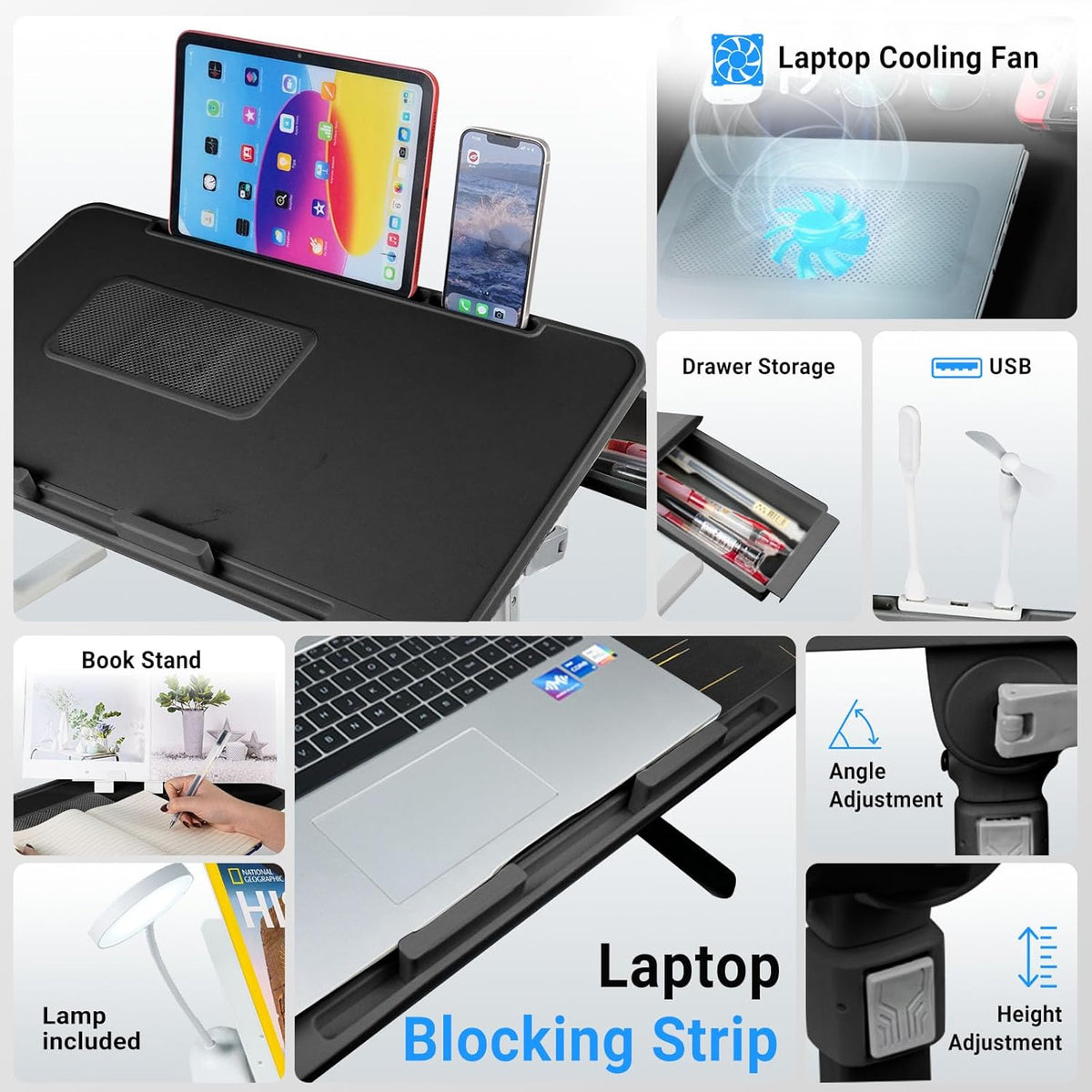 Laptop Lap Desk with Cooling Fan - Adjustable with Light, USB, Storage Drawer - Folding Bed Desk,22.04"*12.59",Black