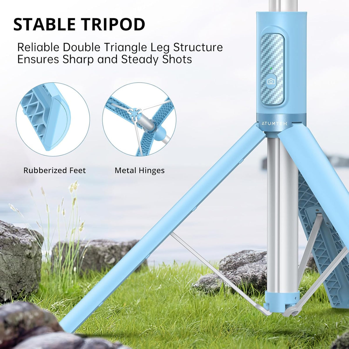 ATUMTEK 55" Selfie Stick Tripod, All-in-one Extendable Aluminum Phone Tripod with Rechargeable Bluetooth Remote for iPhone and More, Fit 4.7-7 inch Smartphones, Blue