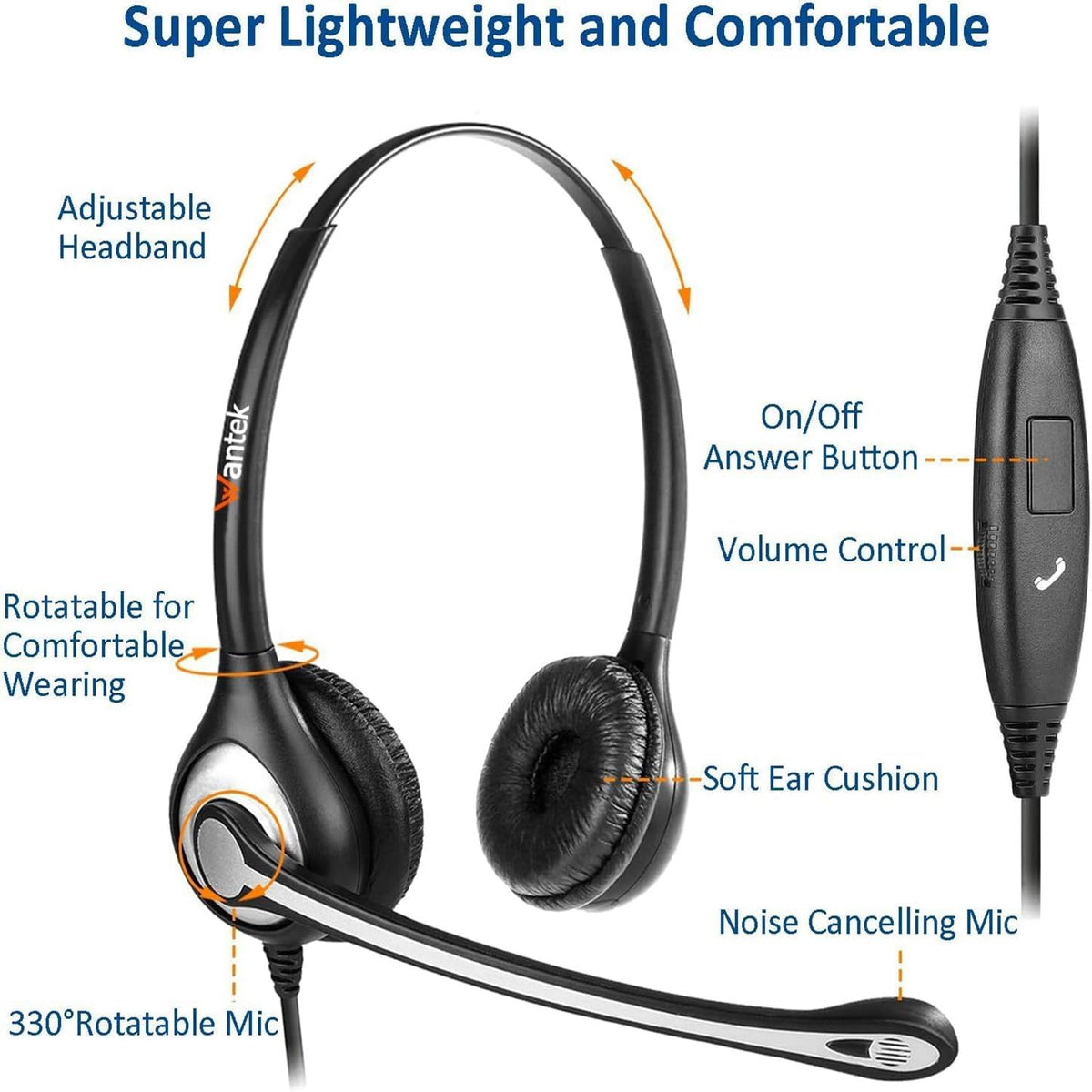 Wantek Phone Headset Wired Computer Headset with Microphone – Noise Cancelling 3.5mm/2.5mm Headphones for PC, Laptop, Mac, iPhone, Samsung – Compatible with Zoom, Teams, Call Center, Home Office