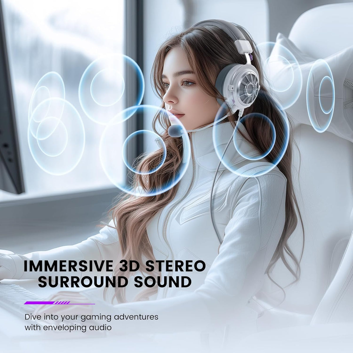EKSA StarEngine S PC Gaming Headset-Stereo Surround Sound for PS4 PS5 Xbox One Xbox Series X/S, Over Ear Headphones with Noise Cancelling Mic, 50mm Drivers, 3.5mm Wired Headphones for Computer (White)