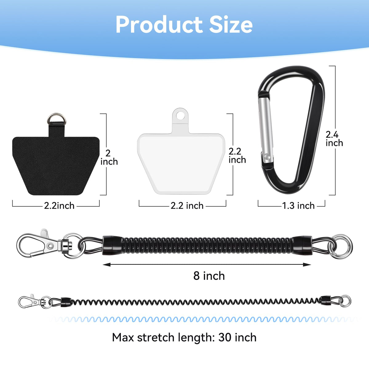 SHANSHUI Phone Lanyard Tether, Anti Theft Spring Phone Strap, 4 x Phone Pacthes & Climbing Hook Universal Phone Lanyard for Keys Outdoor Skiing Hiking Fishing Fitting for All Smartphones - 2PCS Black