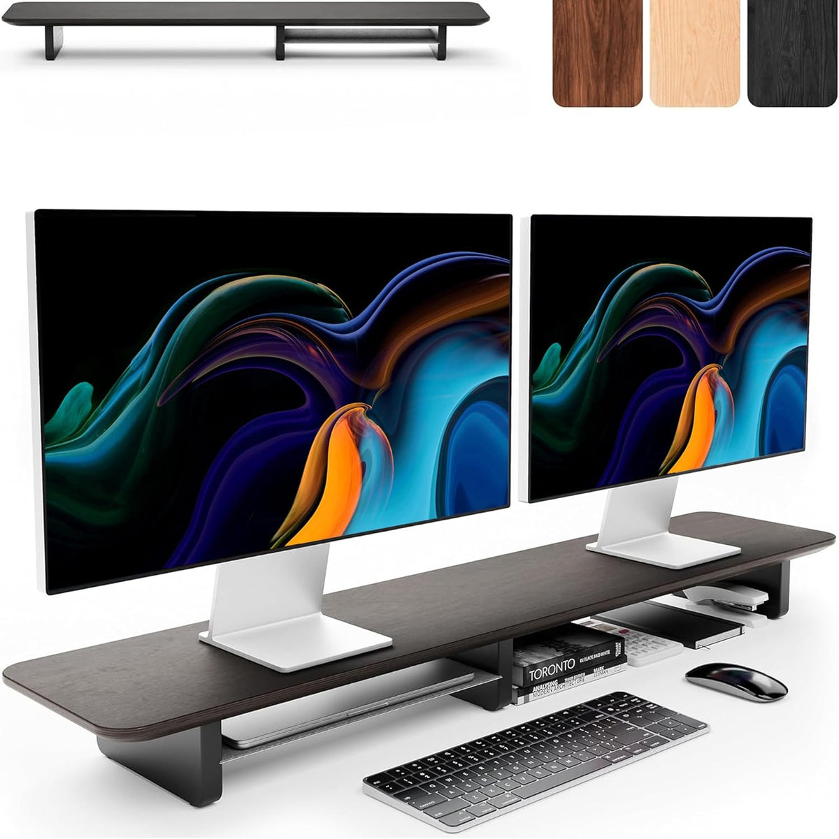 KIVY Dual Monitor Riser With Integrated Metal Shelf [MADE BY HAND] - Wooden Desk Shelf for 2 Monitors - Wide Long Stand for Desk (44 x10x3in - Black)