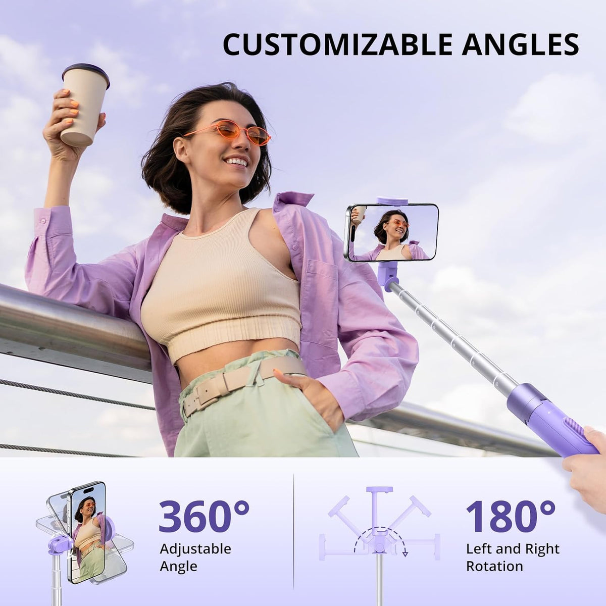 ATUMTEK 60" Selfie Stick Tripod, All-in-One Extendable Phone Tripod with Bluetooth Remote, Storage Bag Included, for iPhone and Android Phone Selfie, Video Recording, Vlogging, Live Streaming, Purple