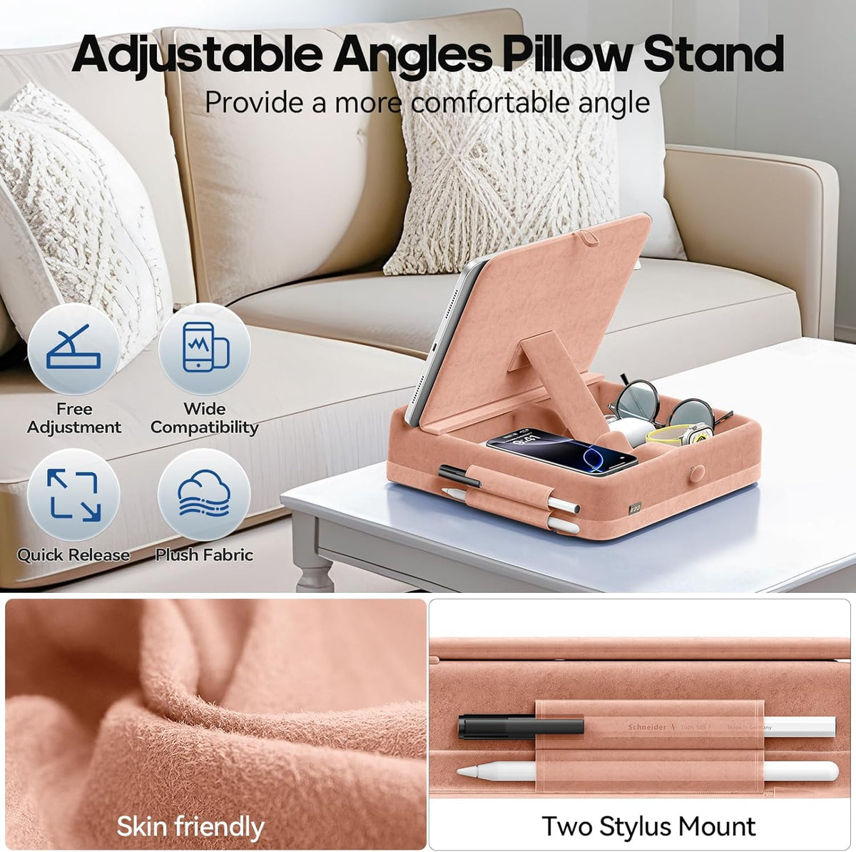 KDD Tablet Pillow Stand with Storage, Foldable iPad Holder for Bed, Lap and Desk, Angle Adjustable Soft Pad Dock with Stylus Mount Compatible with iPad Pro 12.9, 10.5, 11, Air, Mini, Phones, Books