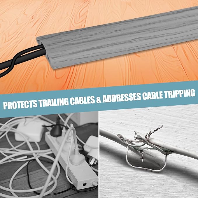 Floor Cord Cover Self Adhesive Cord Hider,10FT Cable Management, Extension Strip Protector for Wires, Prevent Cable Trips for Offices, Gyms, Exhibitions Cavity:0.3"(W) x 0.28"(H) Gray Wood