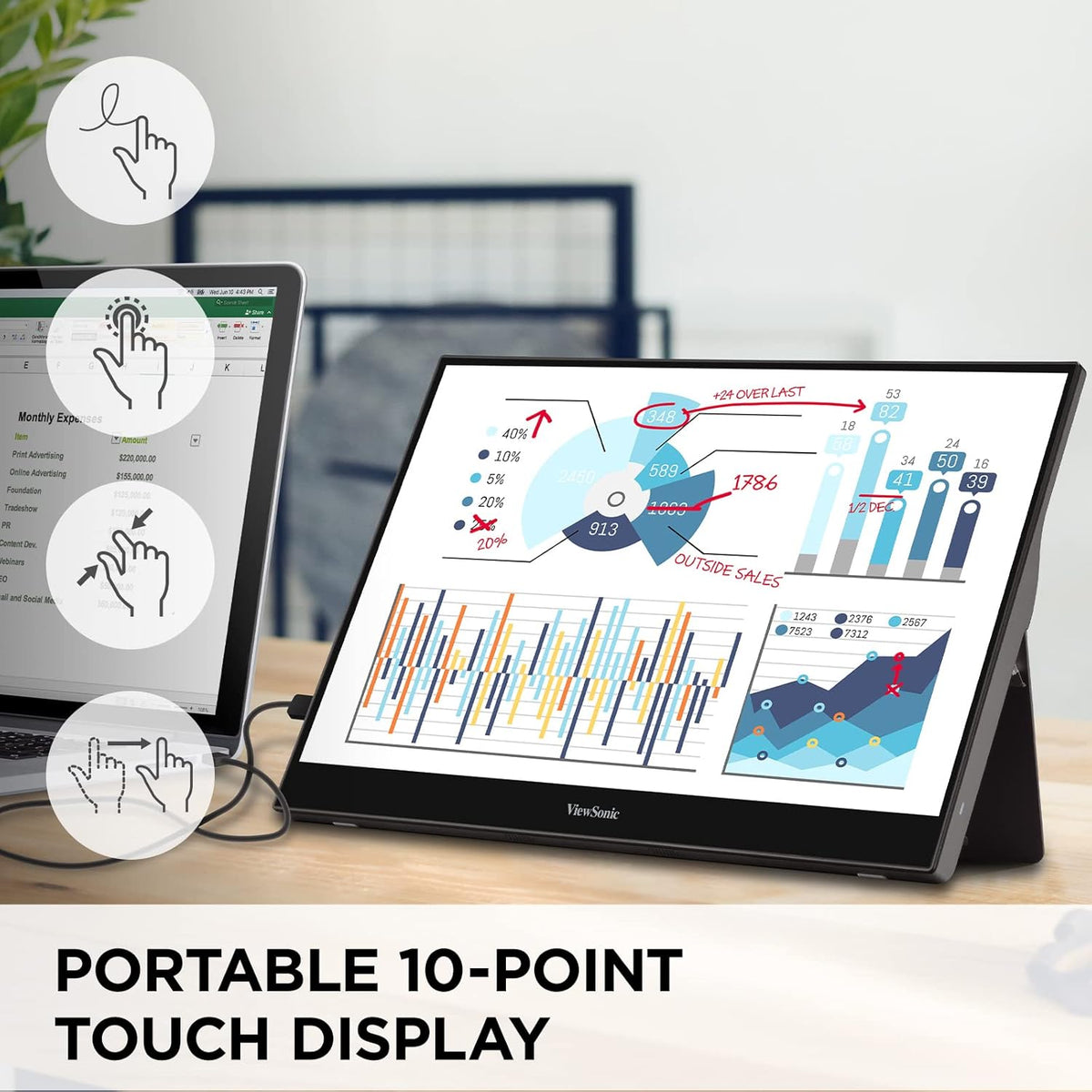 ViewSonic TD1655 15.6 Inch 1080p Portable Monitor with IPS Touchscreen, 2 Way Powered 60W USB C, Eye Care, Dual Speakers, Built-in Stand with Magnetic Cover