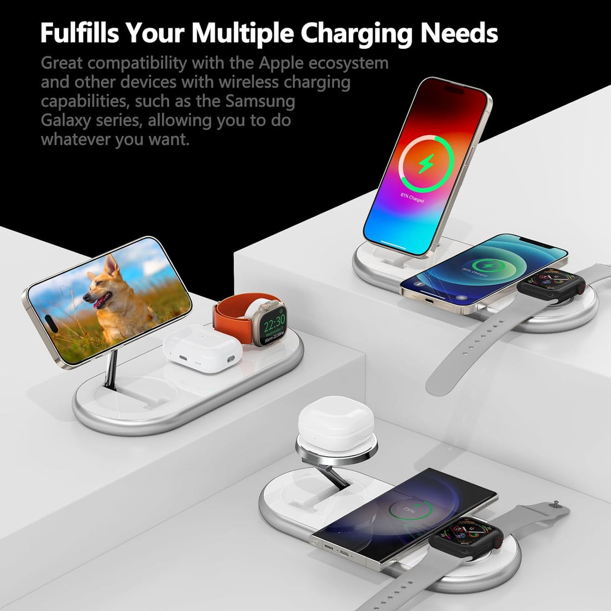 2025 Upgraded 3 in 1 Charging Station for Apple Devices, Fast Magnetic Mag-Safe Wireless Charger Stand for iPhone 15/14/13/12 Series & Apple Watch 1-9/Ultra & AirPods Pro (White)