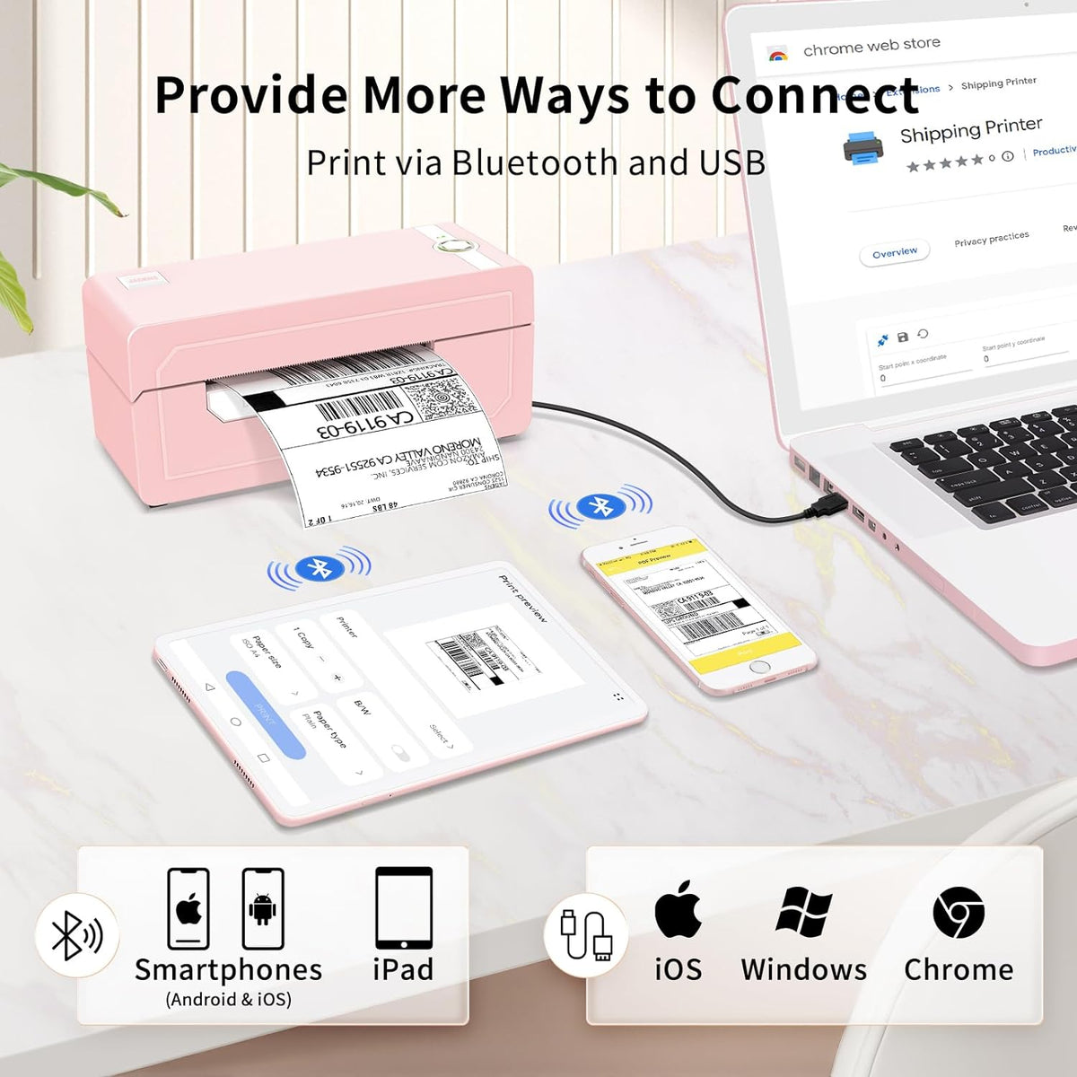 JADENS Bluetooth Thermal Label Printer 4x6, Pink Wireless Shipping Label Printer for Small Business & Packages, Compatible with iOS, Android, Mac, Windows, Amazon, Etsy, Ebay, Shopify
