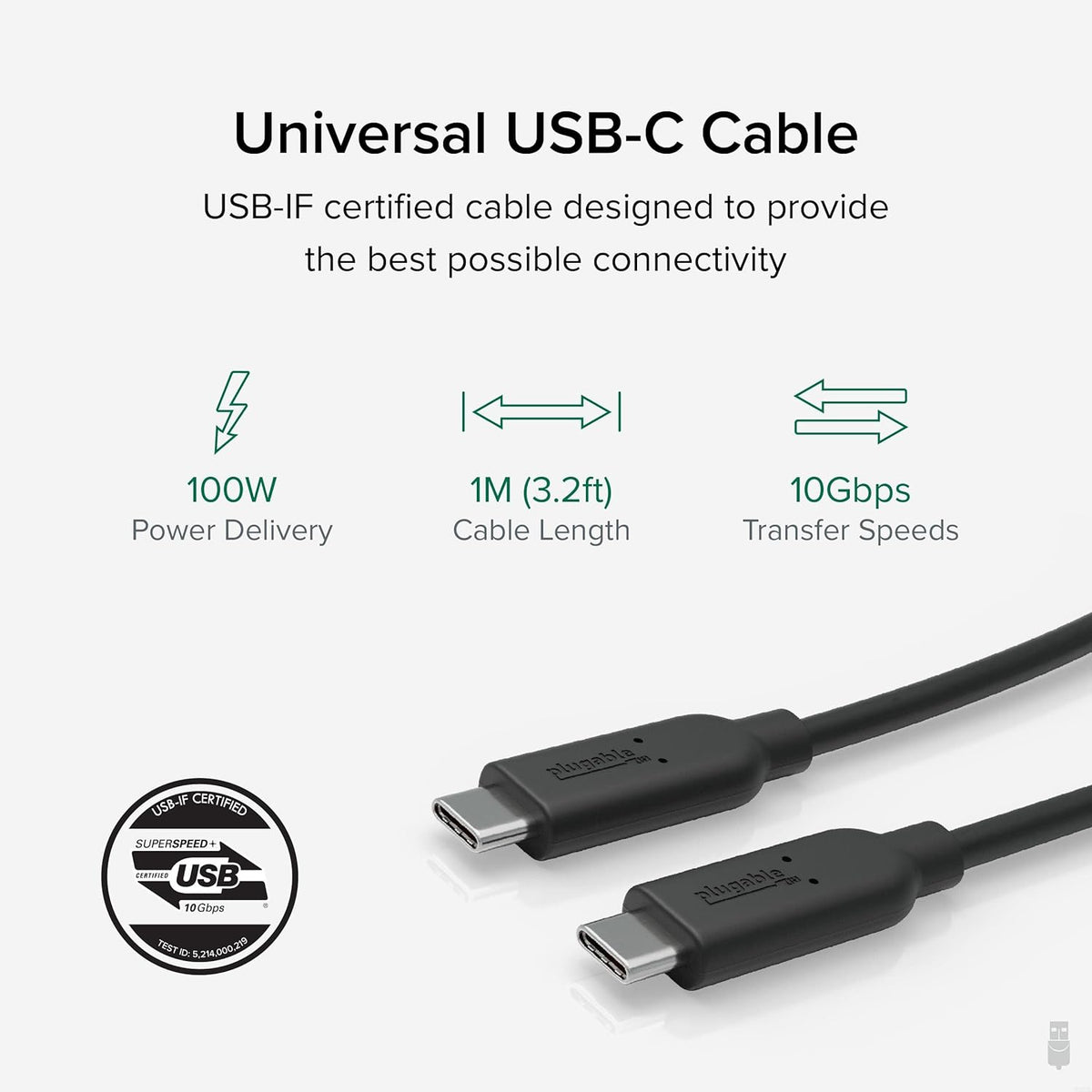 10Gbps 3.3 (1 5A, 3.1 2 Plugable USB C to USB C Cable, feet Meter), USB-IF Certified, USB Gen Type-C - Driverless