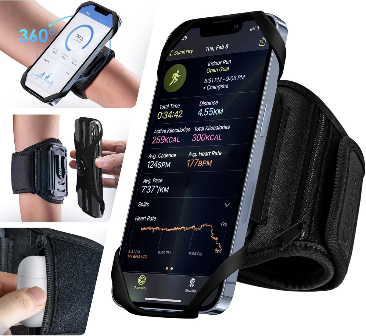 Cikyner Running Armband Phone Holder - 360 Rotatable & Detachable Sports Armband With Earphone/Cash Pocket for 4.5-7'' iPhone - for Gym, Hiking