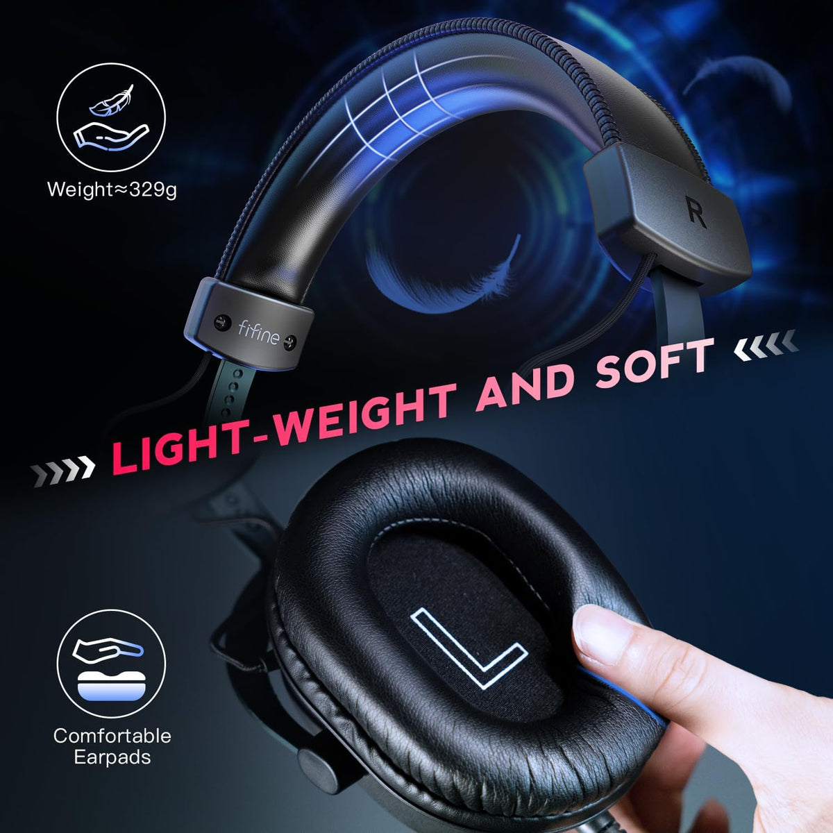 FIFINE PC Gaming Headset, USB Headset with 7.1 Surround Sound, Detachable Microphone, Control Box, 3.5mm Headphones Jack, Over-Ear Wired Headphones for PS5/Xbox/Switch, Black-AmpliGame H9