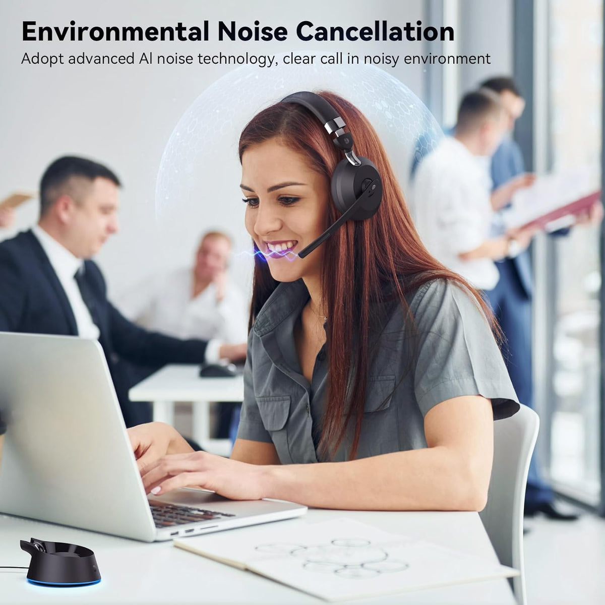 Wireless Headset with Mic for Work, Bluetooth Headphones with Microphone (Noise Cancelling) & Charging Base, Wireless Headset for Work from Home/Office/Call Center/PC/Computer/Teams/Zoom/Skype/Laptop