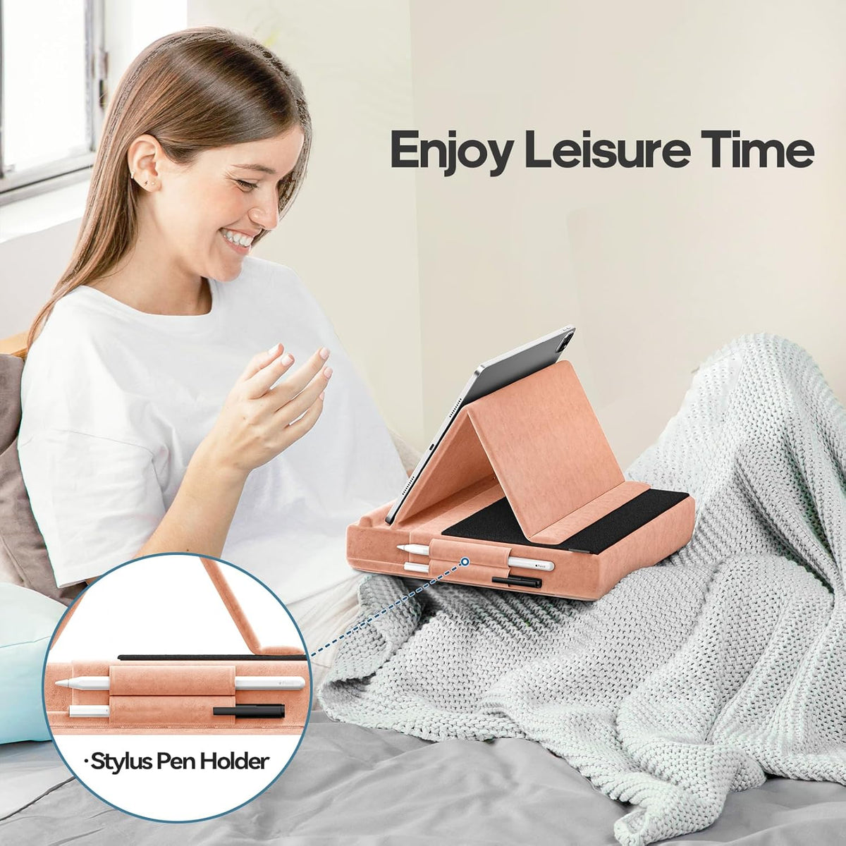 KDD Tablet Pillow Stand, Multi-Angle Viewing Ipad Holder for Lap, Bed and Desk, Foldable Soft Pad Dock with Stylus Mount Compatible with Ipad Pro 12.9, 10.5, 11, Air, Mini, Phones, Books, E-Reader