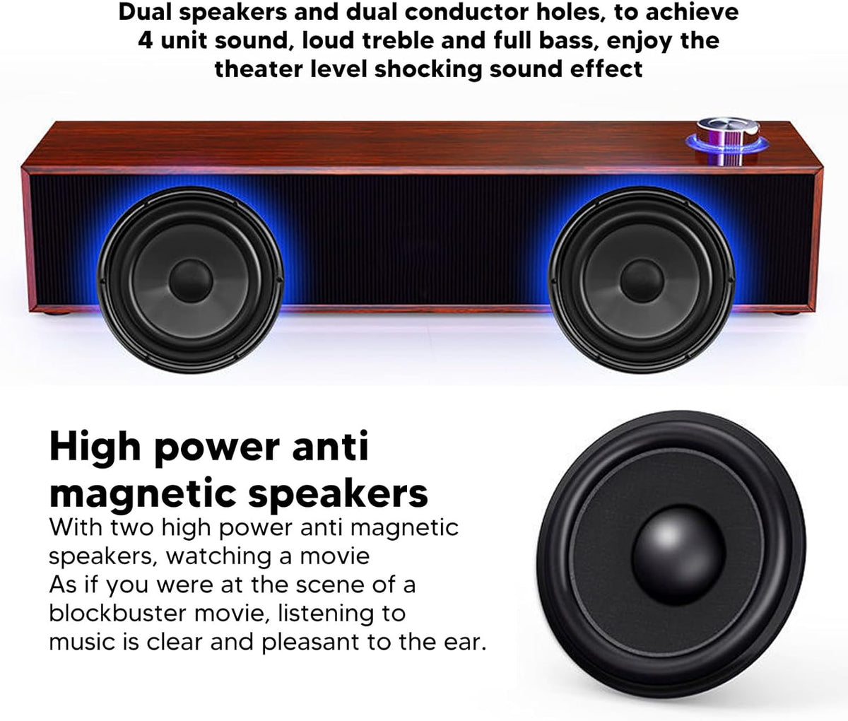 Diyeeni 3.5mm 1.2m Wooden Computer Speaker, USB Powered PC Speakers, HiFi Stereo Sound Computer Sound Bar for Desktop