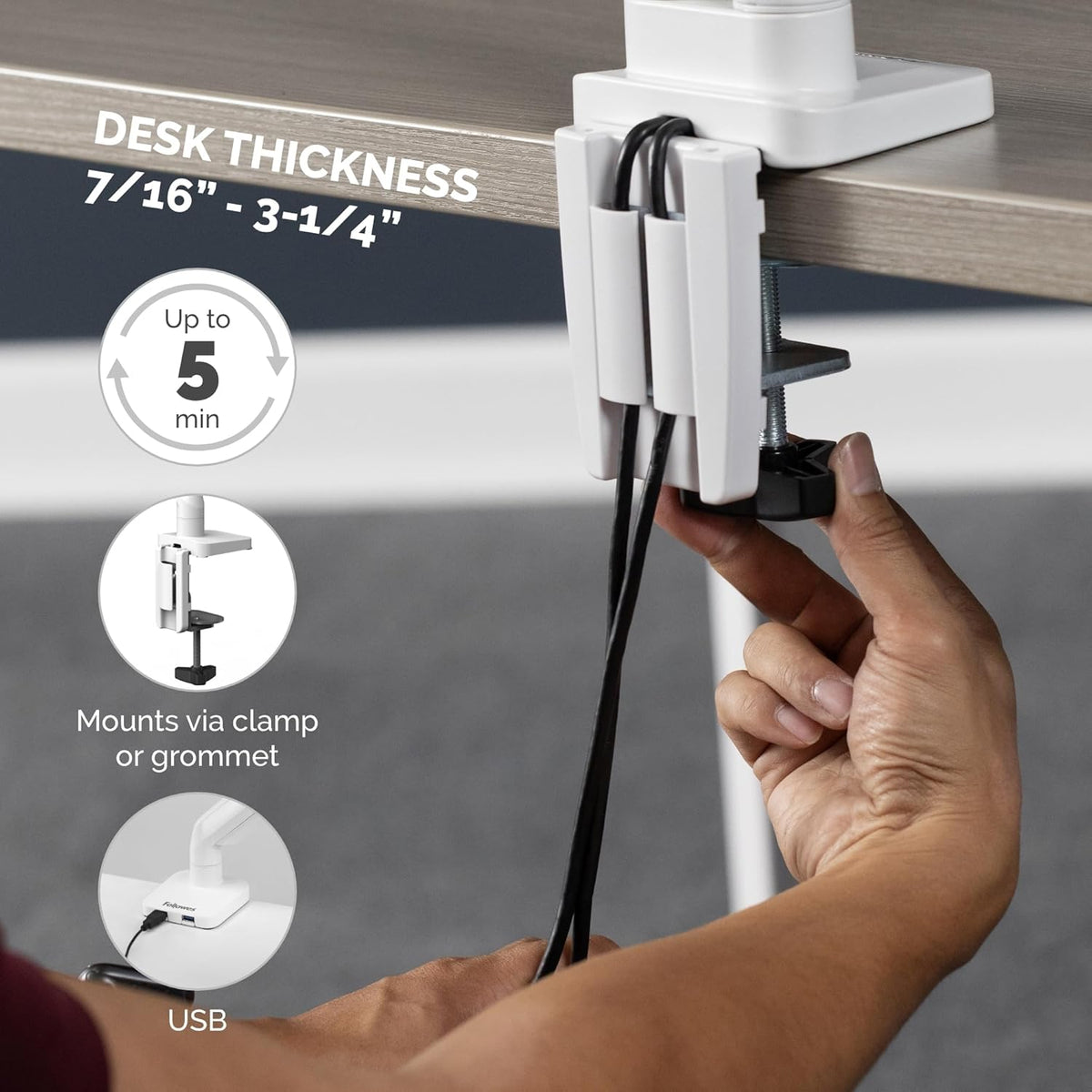Fellowes Platinum Series Dual Monitor Arm for 40-Inch Monitors, Full Motion, 360° Rotation, VESA Mount with Grommet or Clamp, USB Ports, Ergonomic, White, 8056301
