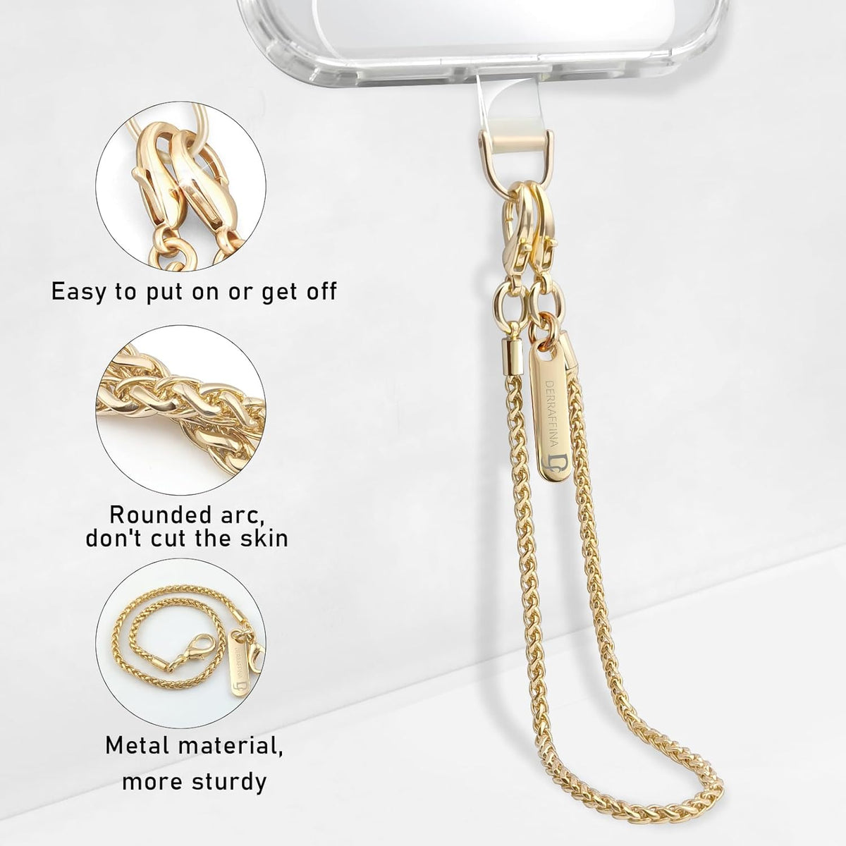 Metal Phone Chain, Crossbody Detachable Phone Lanyard with 1*Wrist Strap & 2* Tether Tabs for iPhone and Smartphones (Gold,Extend)