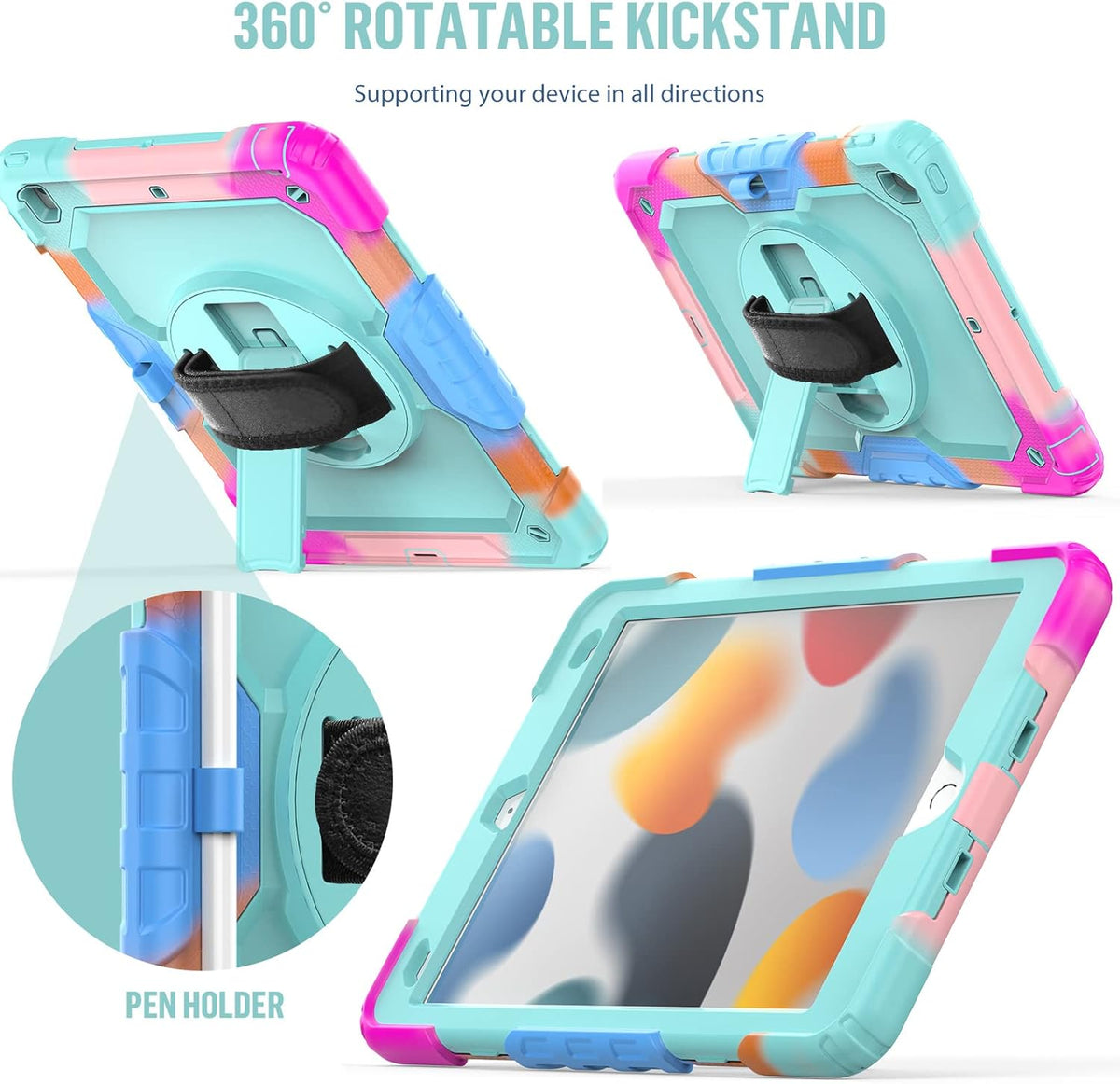 BLOSOMEET iPad Case for 9th Gen 10.2 inch 2021/2020 for Kids with Tempered Glass Screen Protector | iPad 8th/7th Generation Case Cover 2019 w/Stand Pen Holder & Hand Shoulder Strap |Turquoise