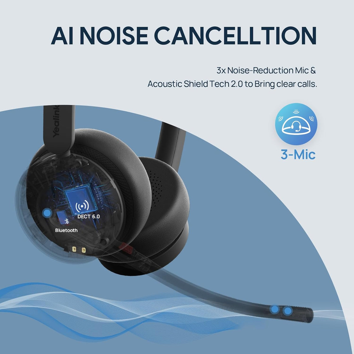 Yealink WH64 Dual Teams DECT & Bluetooth Wireless Headset, 606ft Range, Microsoft Certified, On Ear Work Wired Headphone with 3X Noise Cancelling Mic, 32 Talk Time, Office Desk IP Phone, PC,Computer
