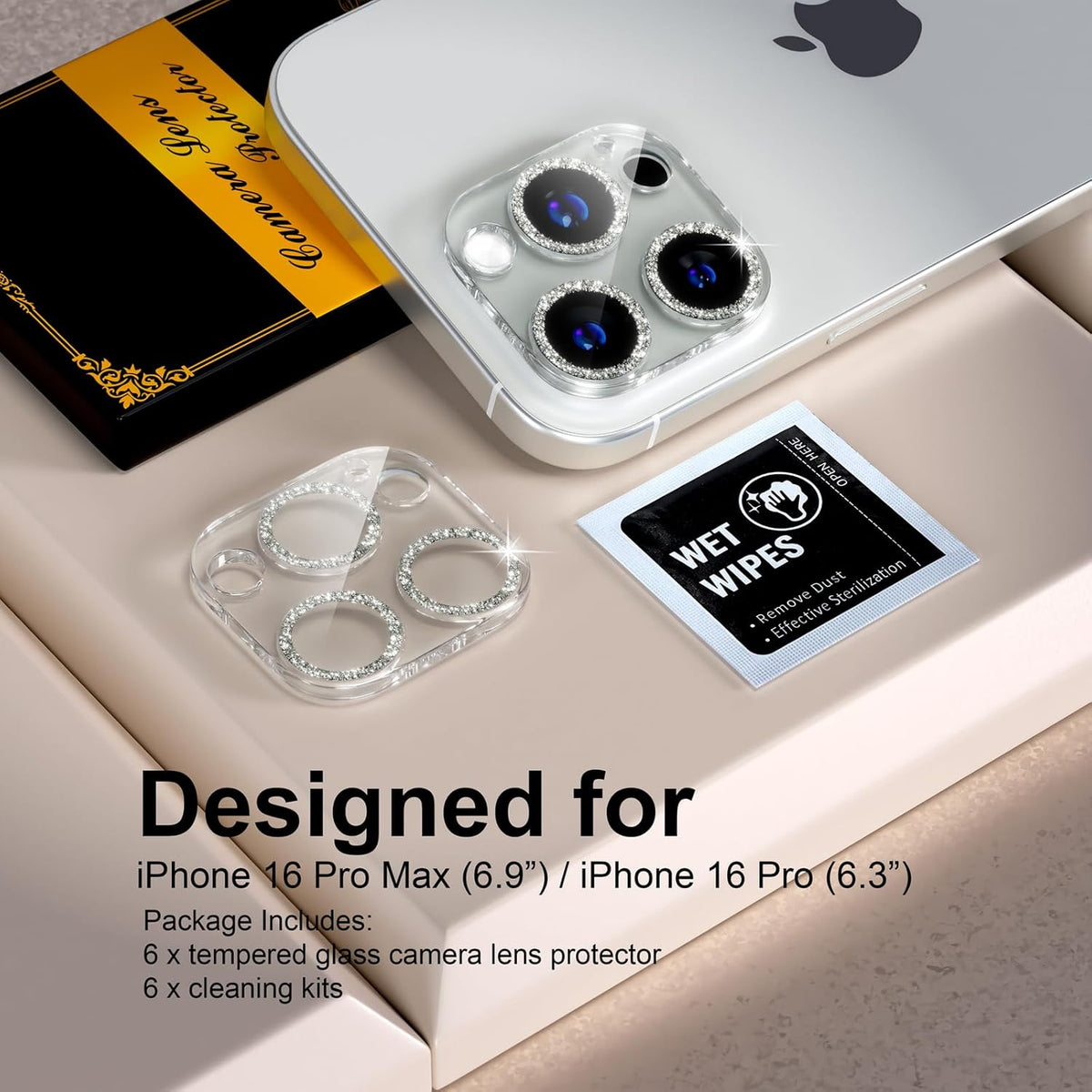 beuxece for 6 Pack iPhone 16 Pro/iPhone 16 Pro Max Camera Lens Protector [Drop Protection] [Case Friendly] [Easy Installation] 9H Tempered Glass Camera Screen Protector Cover, Glitter Silver