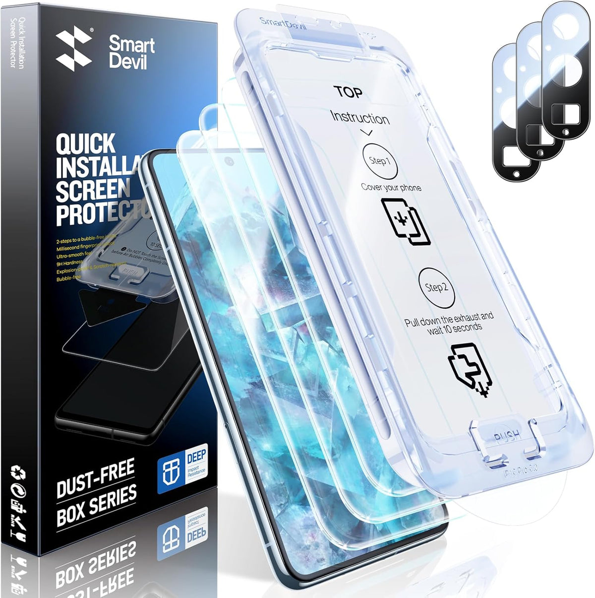SMARTDEVIL [3+3 Pack Screen Protector For Google Pixel 8 Pro With Camera Lens Protector, FingerPrint Reader Compatible, Clear 9H Tempered Glass Film, Fast & Easy Installation, Alignment Frame