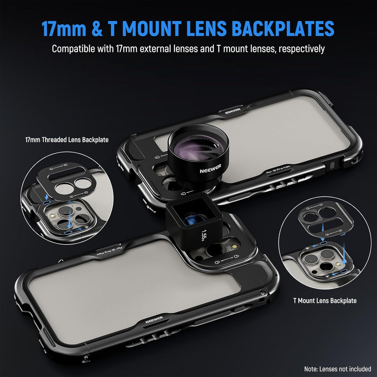 NEEWER 15 Pro Cage [2nd Gen], Video Rig Phone Stabilizer with Quick Release Side Handle, 67mm Filter Adapter, 17mm Lens Backplate, T Mount Lens Adapter Compatible with Moment, PA043+PA045B