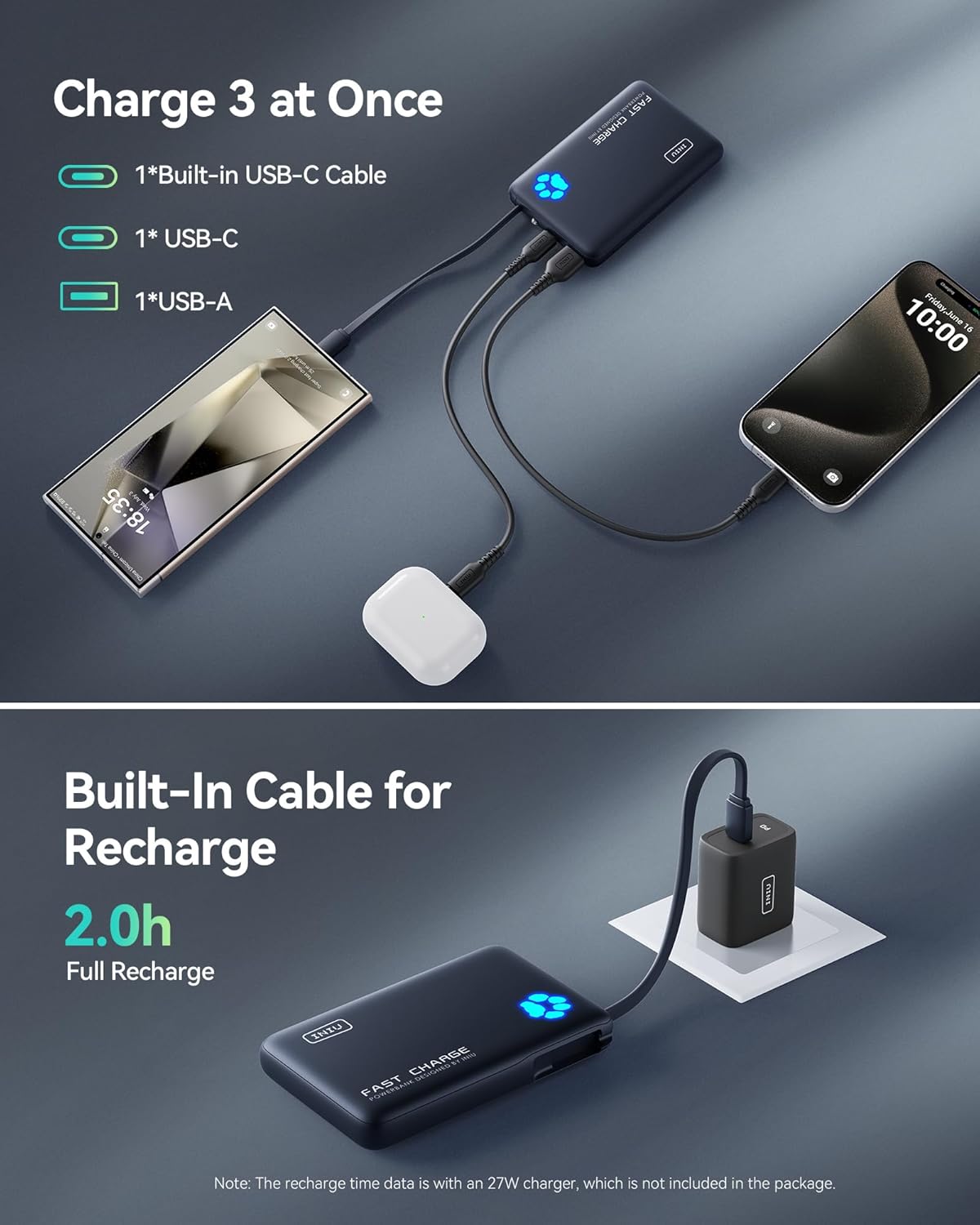 INIU 45W Portable Charger, 10000mAh Built-in USB C Cable Fast Charging Power Bank, Small Type C Battery Pack, Powerbank for iPhone 16 15 14 13, iPad, Samsung S25 S24 etc. Travel Camping Essentials