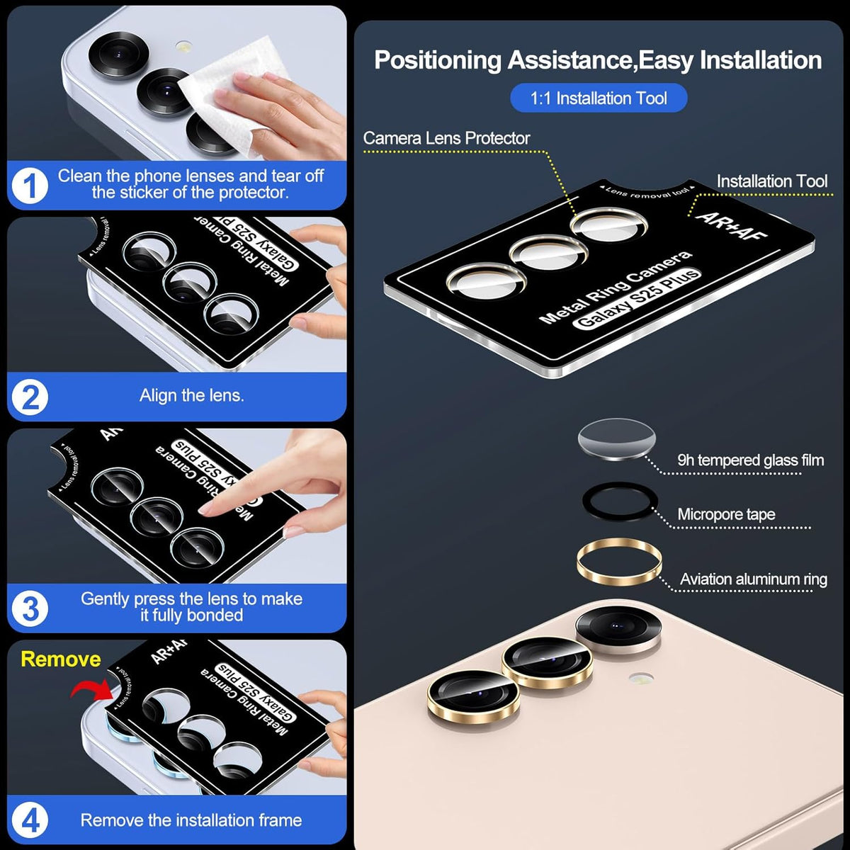 for Samsung Galaxy S25 Plus Camera Lens Protector, Individual Metal Ring Tempered Glass Lens Cover, [Strong Adsorption] Scratch Resistant Ultra-Thin HD Clear Lens Cover, 1 Set-Gold Ring