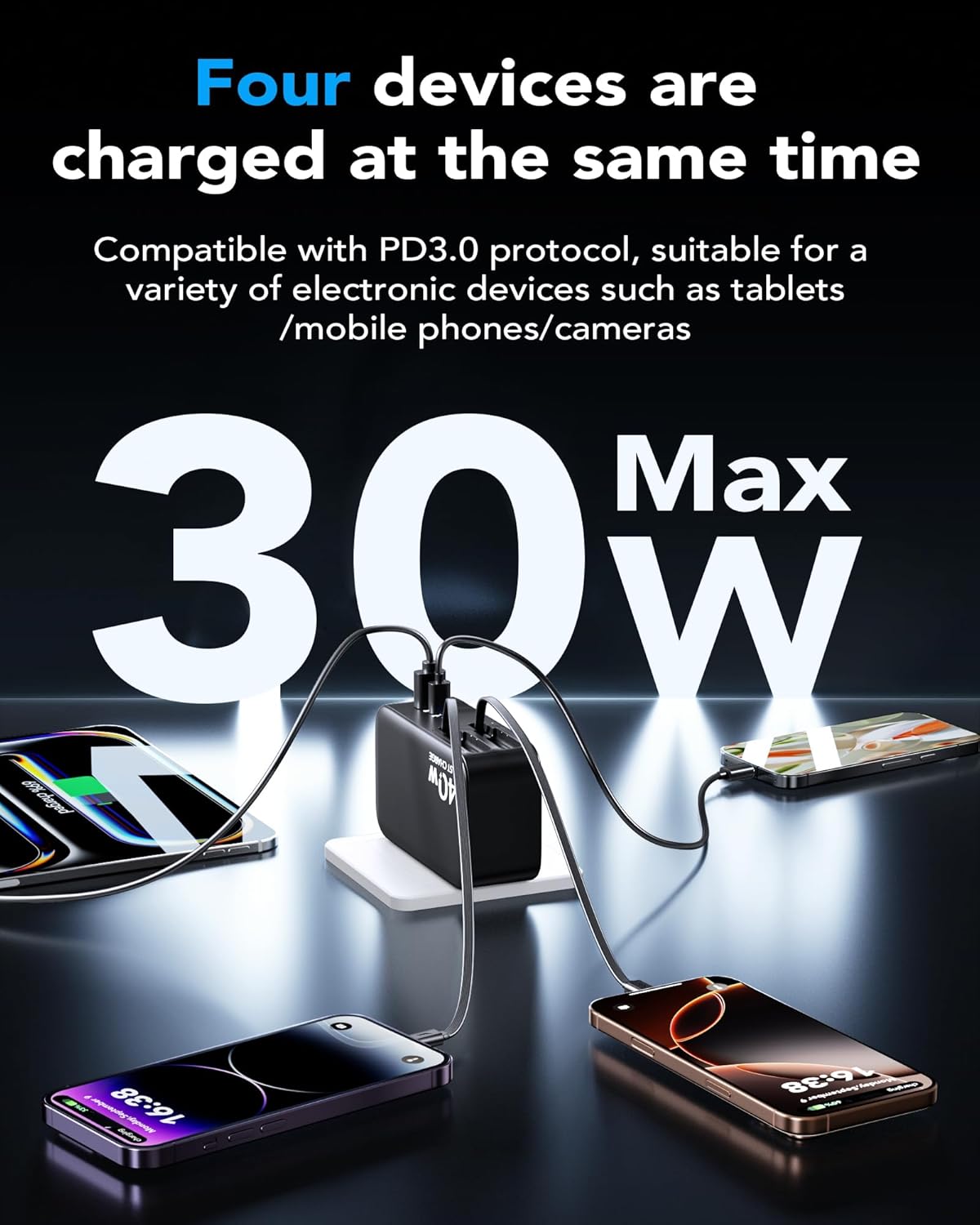 4-in-1 Retractable Gan Wall Charger Plug,Travel Essentials Brick Multiport USB Ports,3ft Lightening and Type c Cables,40W Multi Fast Charging Foldable Block for iPhone 16/15/14/13,iPad,Galaxy,Pixel