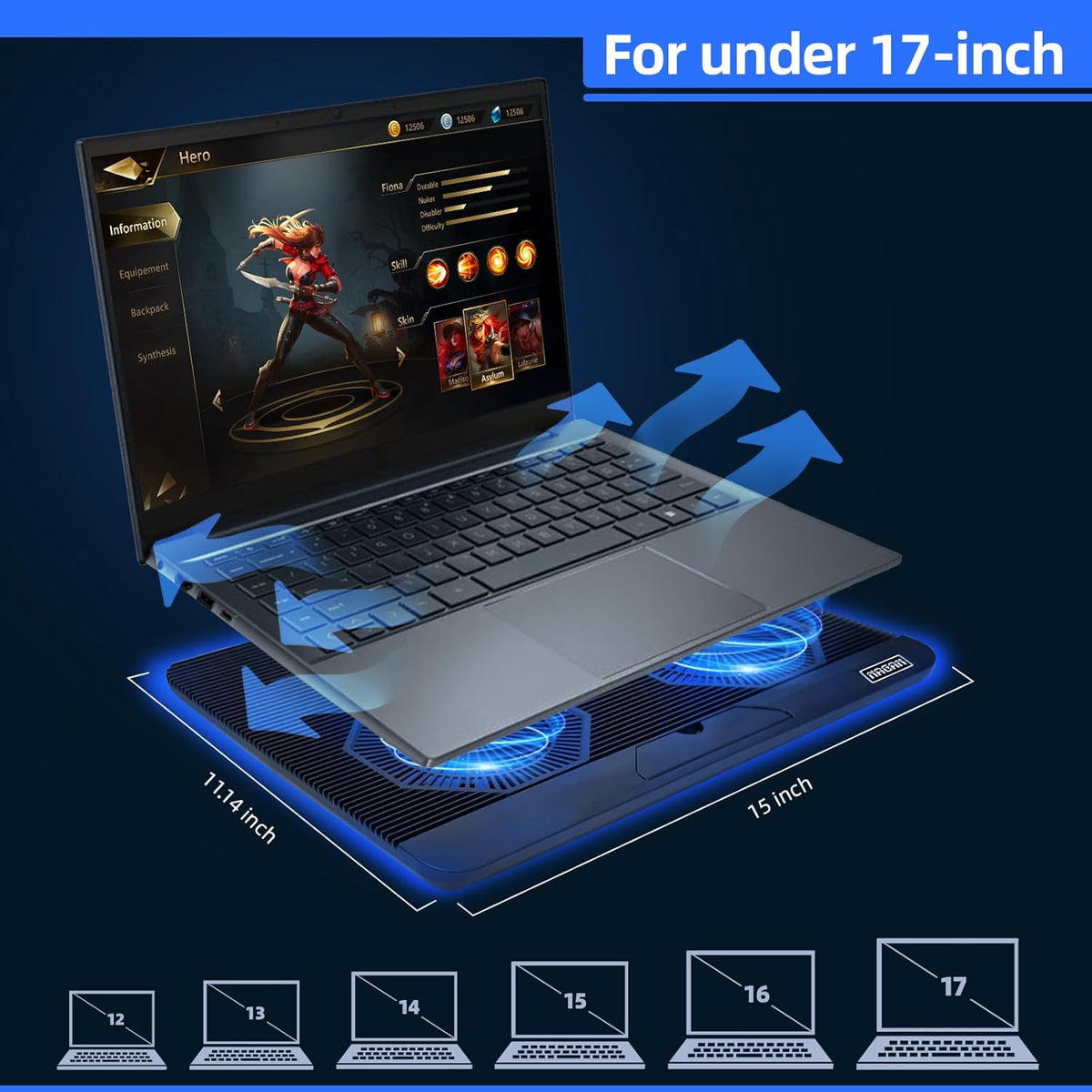 NAGAN Laptop Cooling Pad with Dual USB Ports, USB Powered Cooling Pad for Laptop with 2 Adjustable-Height, 3 Fan with Blue Light, Fits 15-17.3 inch Laptops