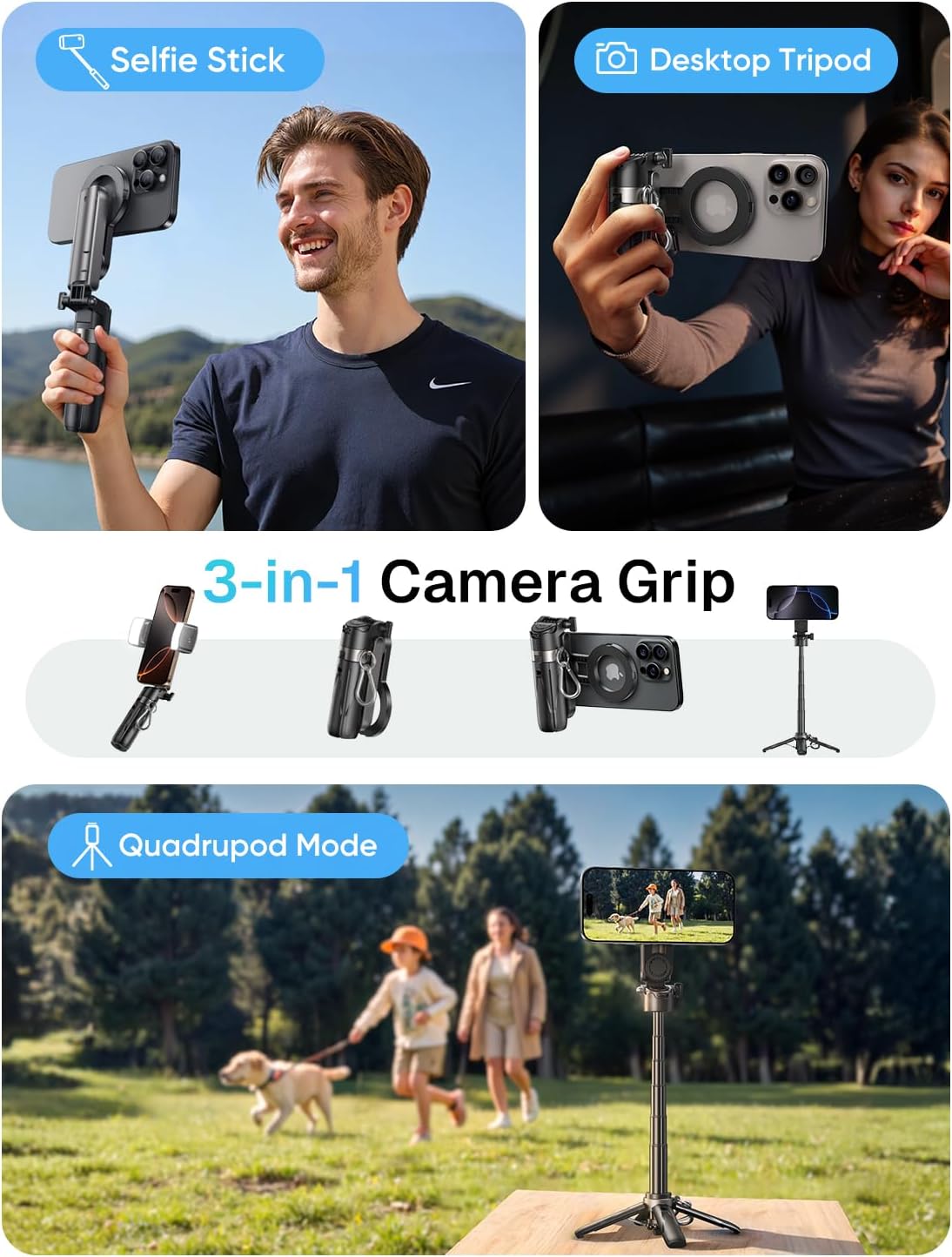MAGIC JOHN Phone Tripod with 2 Selfie Light, Portable Pocket Size Selfie Stick for iPhone Magsafe, Selfie Stick with Wireless Detachable Remote Control for Photograph, Live Streaming, Video Recording
