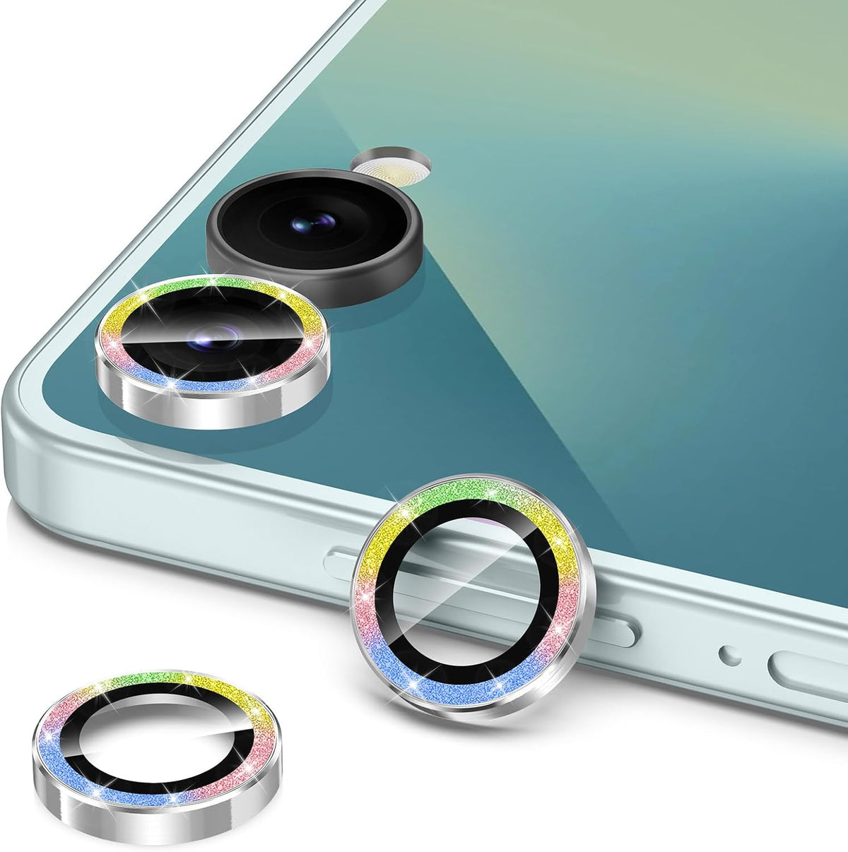for Samsung Galaxy Z Flip 7 Camera Lens Protector, Individual Metal Ring Tempered Glass Lens Cover, [Strong Adsorption] Scratch Resistant Ultra-Thin HD Clear Lens Cover, 1 Set-Colorful Sparkly