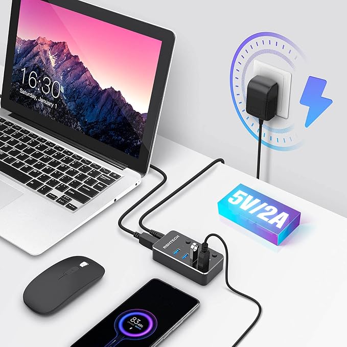 RSHTECH 4 Port Powered USB 3.0/USB C Hub Upgraded Version with 2-in-1 3.3ft USB Cable5V Power Adapter and Individual Switches Portable Aluminum USB Splitter for Laptop and PC RSH-ST04