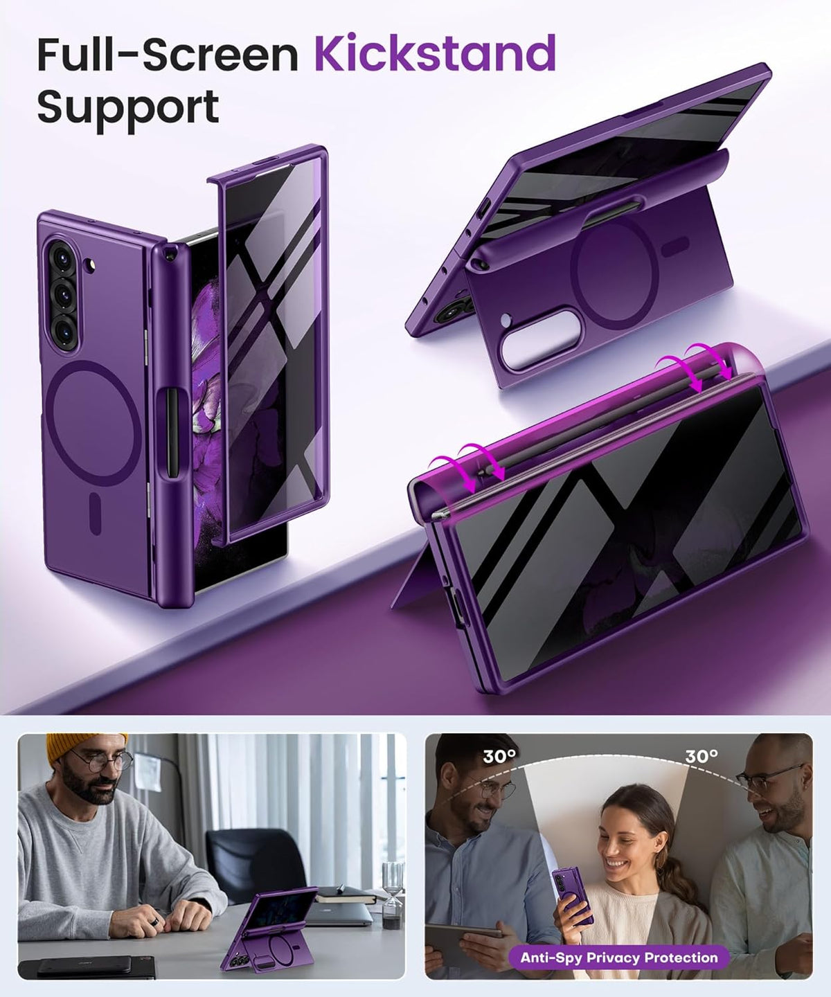 BERFY Magnetic for Samsung Galaxy Z Fold 6 Case with Privacy Screen Protector, [Compatible with MagSafe][Anti Spy] Built-in S Pen Holder & Kickstand, Full-Body Shockproof Case for Z Fold 6, Purple