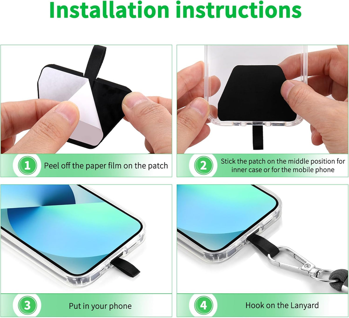 CACOE Phone Lanyard 2 Pcs-2 Pcs Adjustable Neck Strap, 4 Pcs Patches, Universal Crossbody Multifuctional Cell Phone Lanyards Compatible with Most Smartphones(Black+Dark Green)