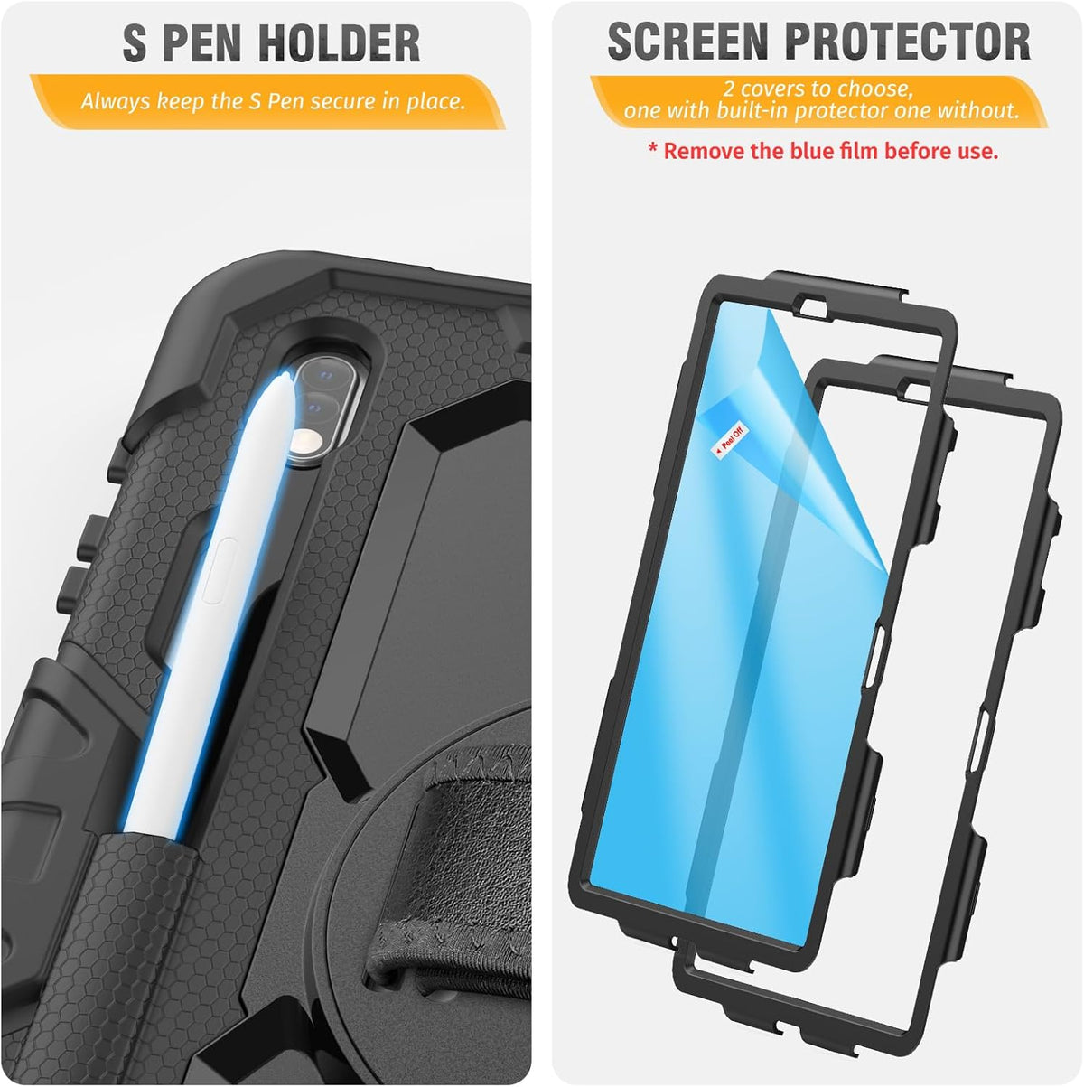 HXCASEAC Case for Samsung Galaxy Tab S7 FE 5G 12.4 inch, Protective with Screen Protector/Hand Strap/S Pen Holder, Heavy Duty Design for Samsung Galaxy S7 FE Tablet Case - Black